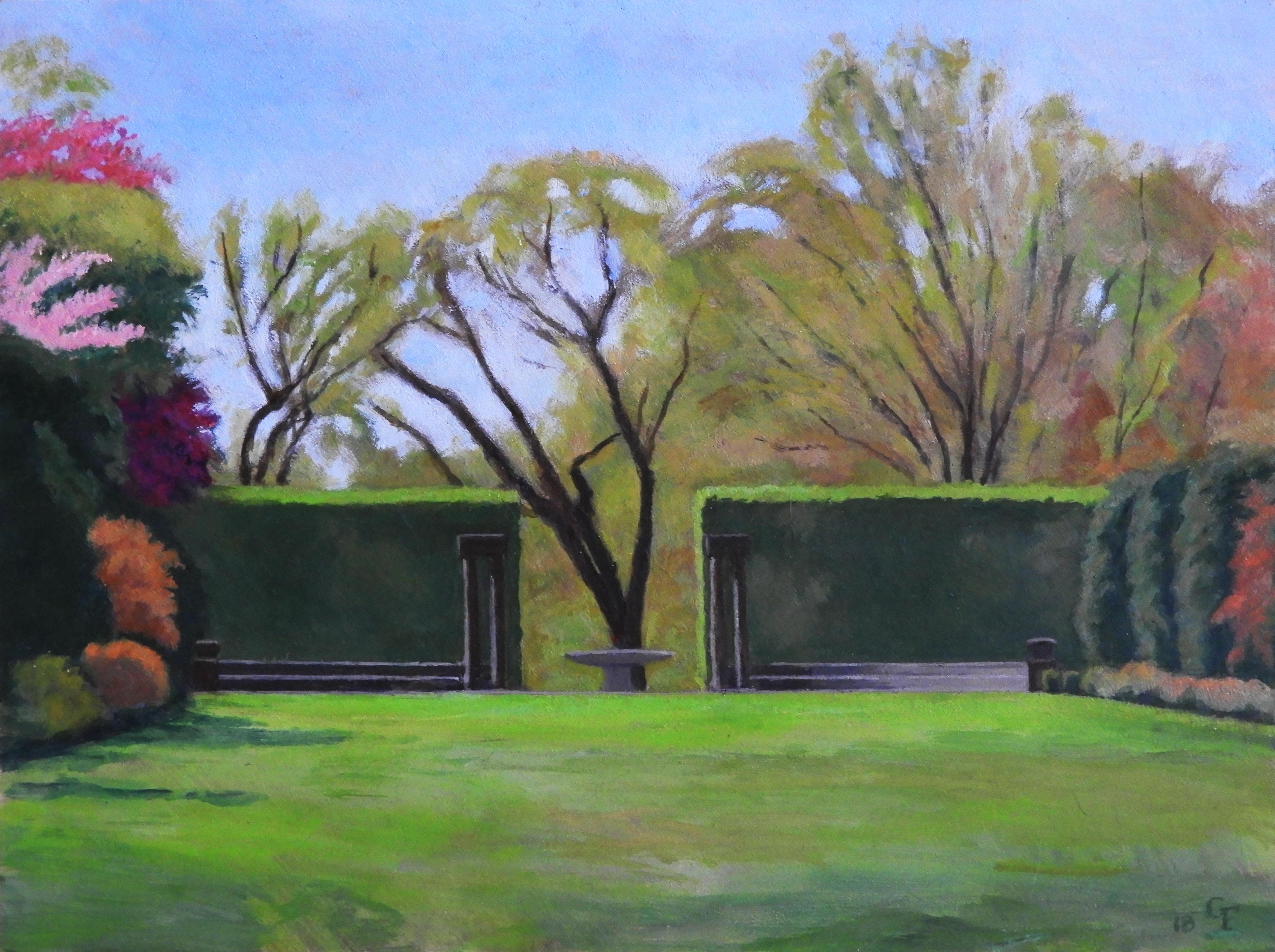 "Fountain, " realistic oil on canvas, garden, with geometric hedges