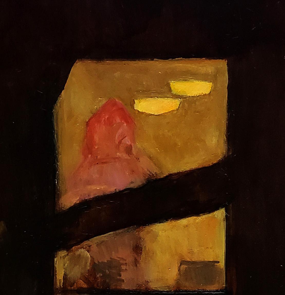 Gema I, colores oscuros, misterio, ventana nocturna - Painting de Gregory Frux