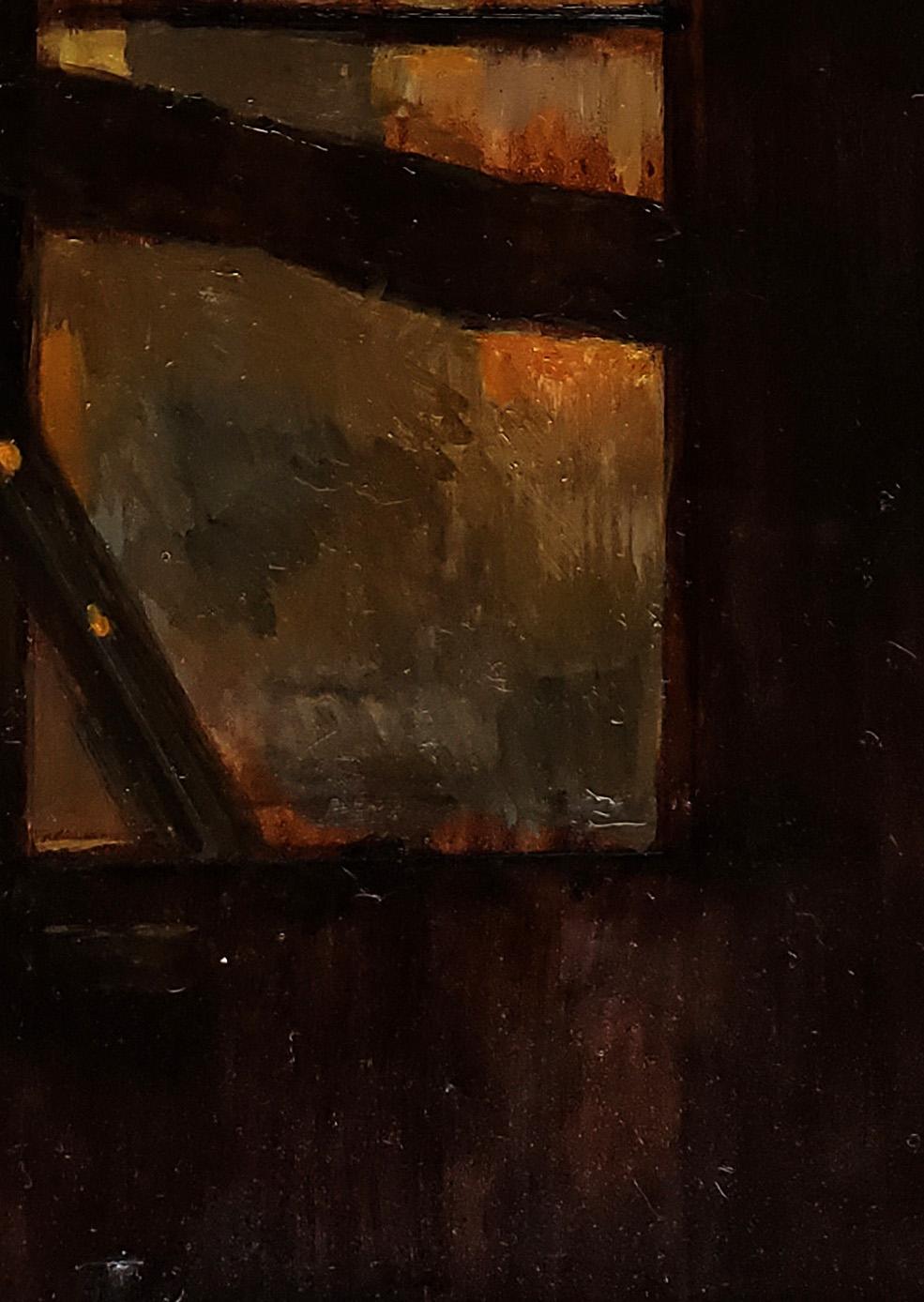 Gema I, colores oscuros, misterio, ventana nocturna - Painting realista estadounidense de Gregory Frux