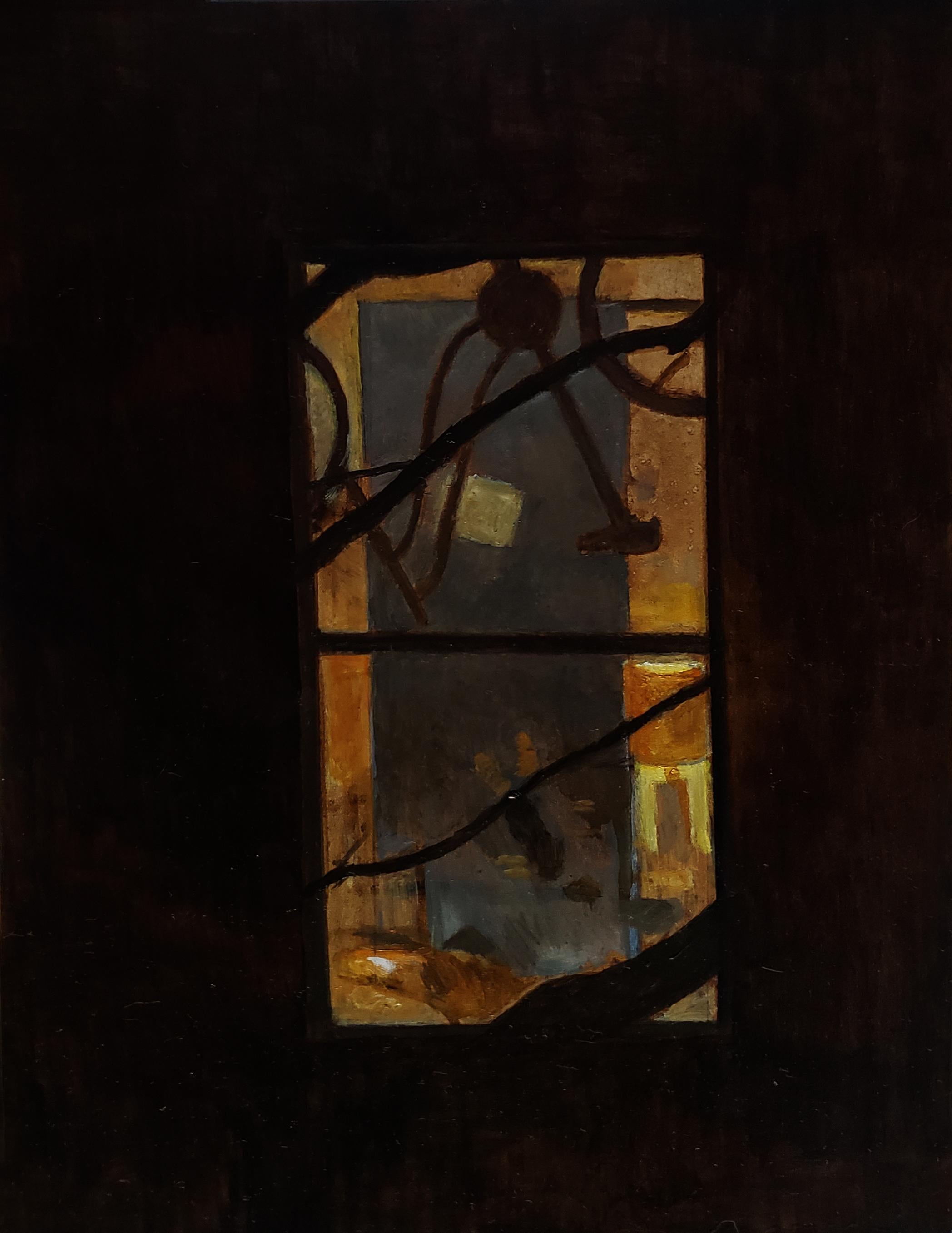 Gregory Frux Landscape Painting - Gem II, mysterious window image, dark colors
