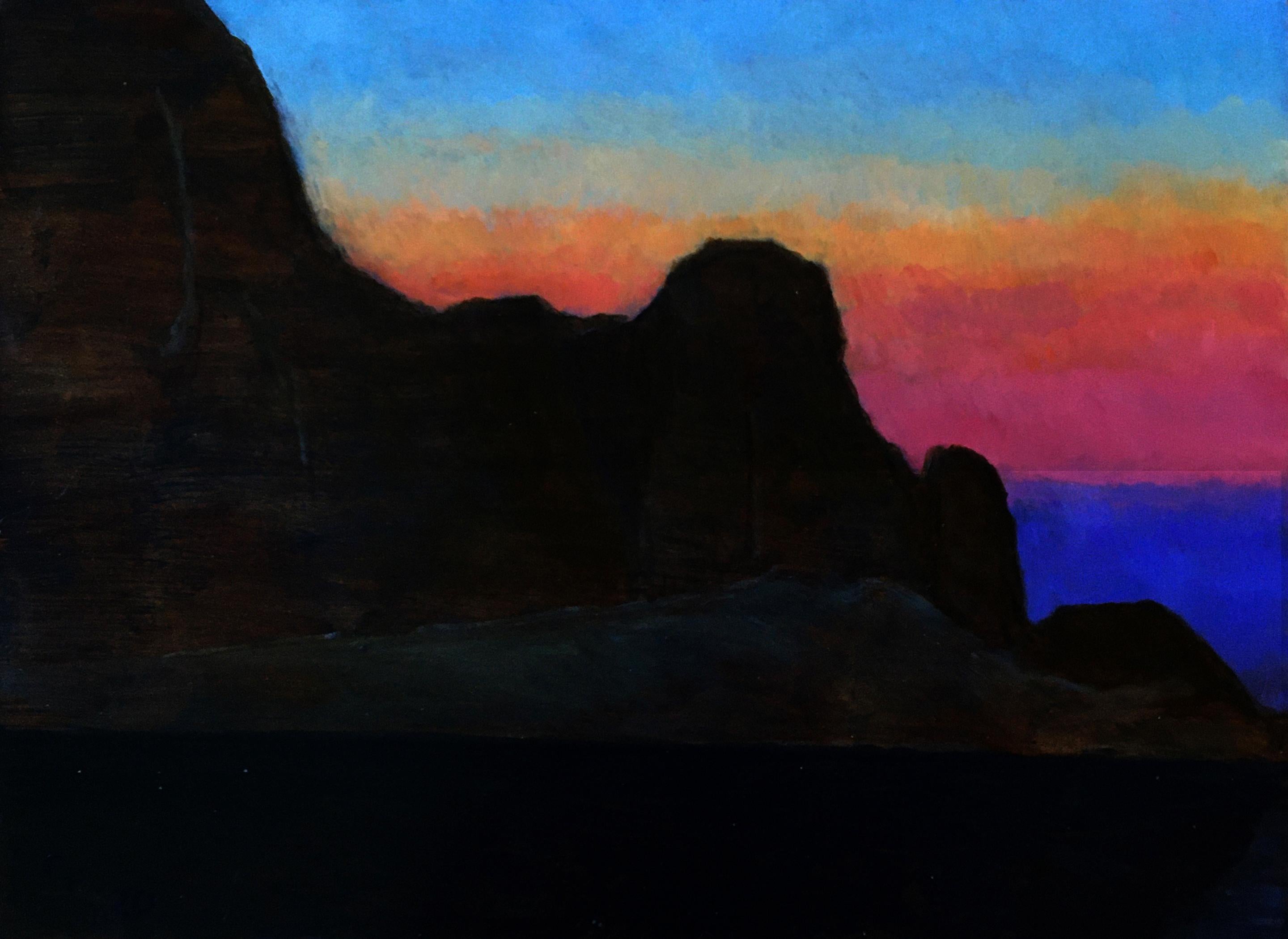 Landscape Painting de Gregory Frux - Noruega IV, paisaje marino oscuro con un colorido cielo abstracto