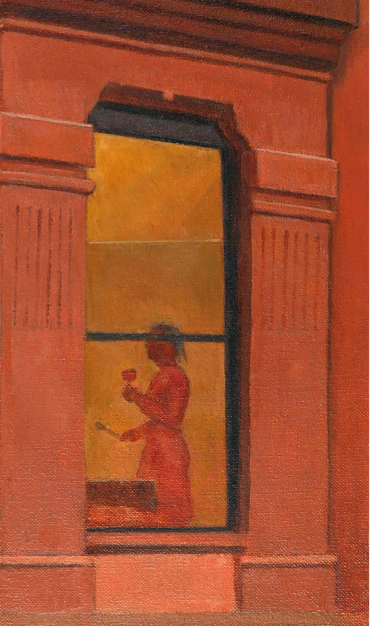 Dos pisos, arquitectura urbana histórica, paisaje urbano, ladrillo naranja y rojo - Landscape Painting Marrón de Gregory Frux