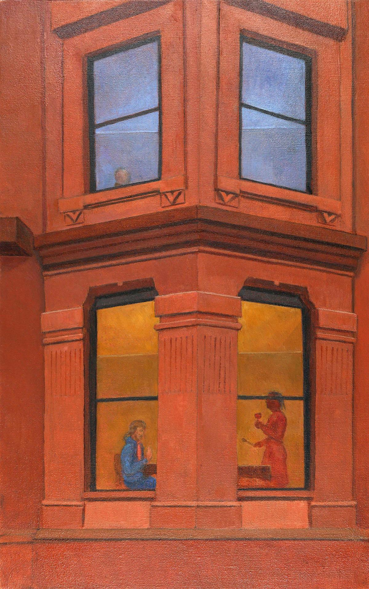 Gregory Frux Landscape Painting - Two Stories, historic urban architecture, cityscape, orange and red brick