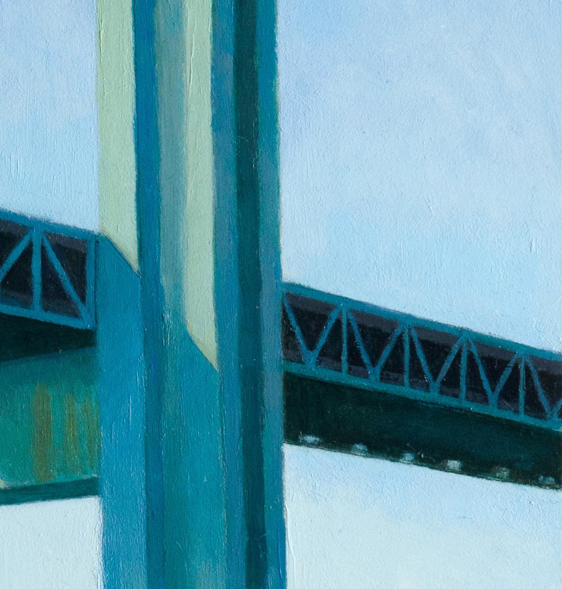 Pier du pont de Verrazano, paysage aquatique réaliste, NYC - Bleu Landscape Painting par Gregory Frux