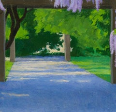 "Wisteria I" colorful garden path view, greens, sunlight, flowers