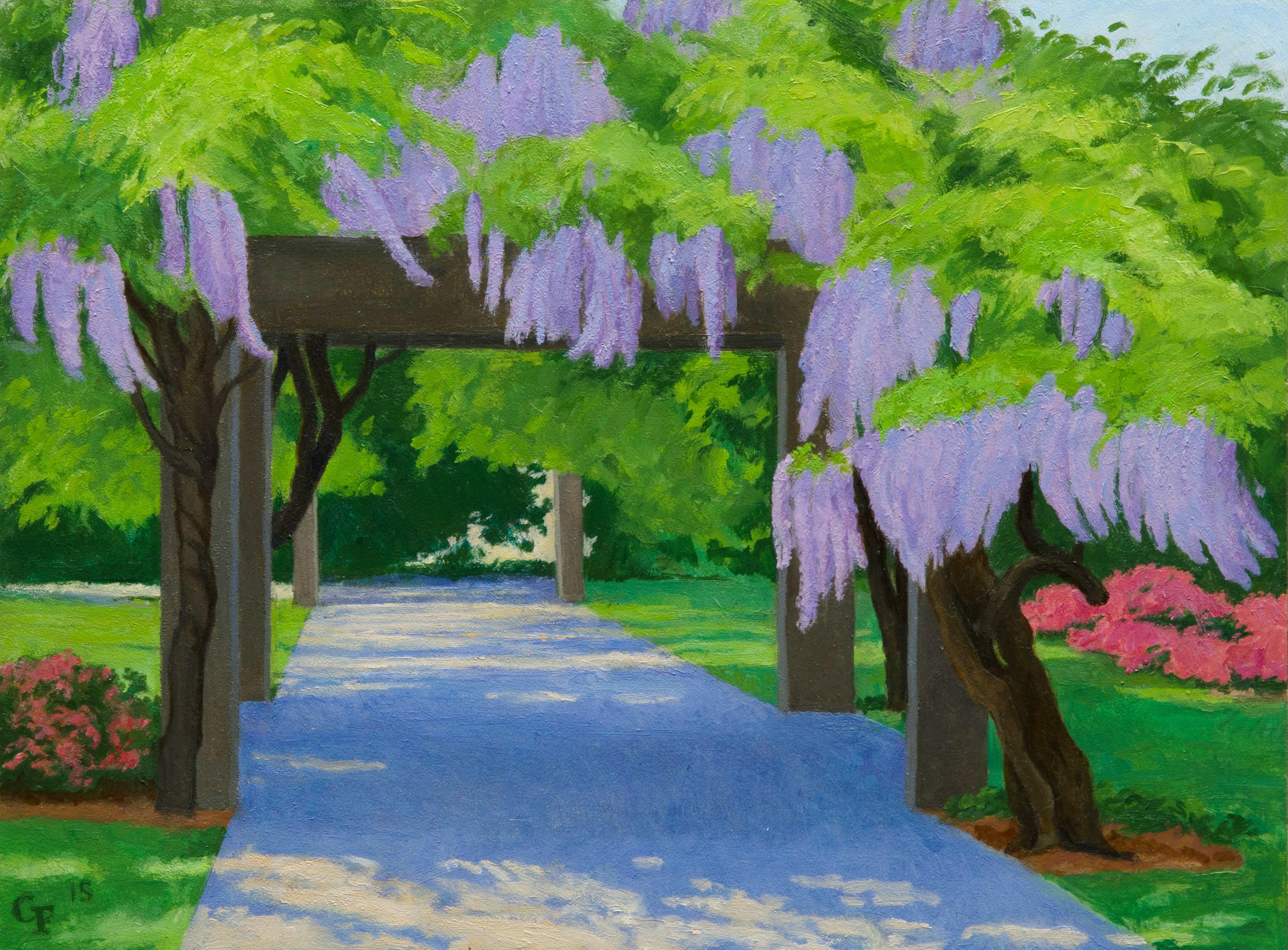 Gregory Frux Landscape Painting - "Wisteria I" colorful garden path view, greens, sunlight, flowers