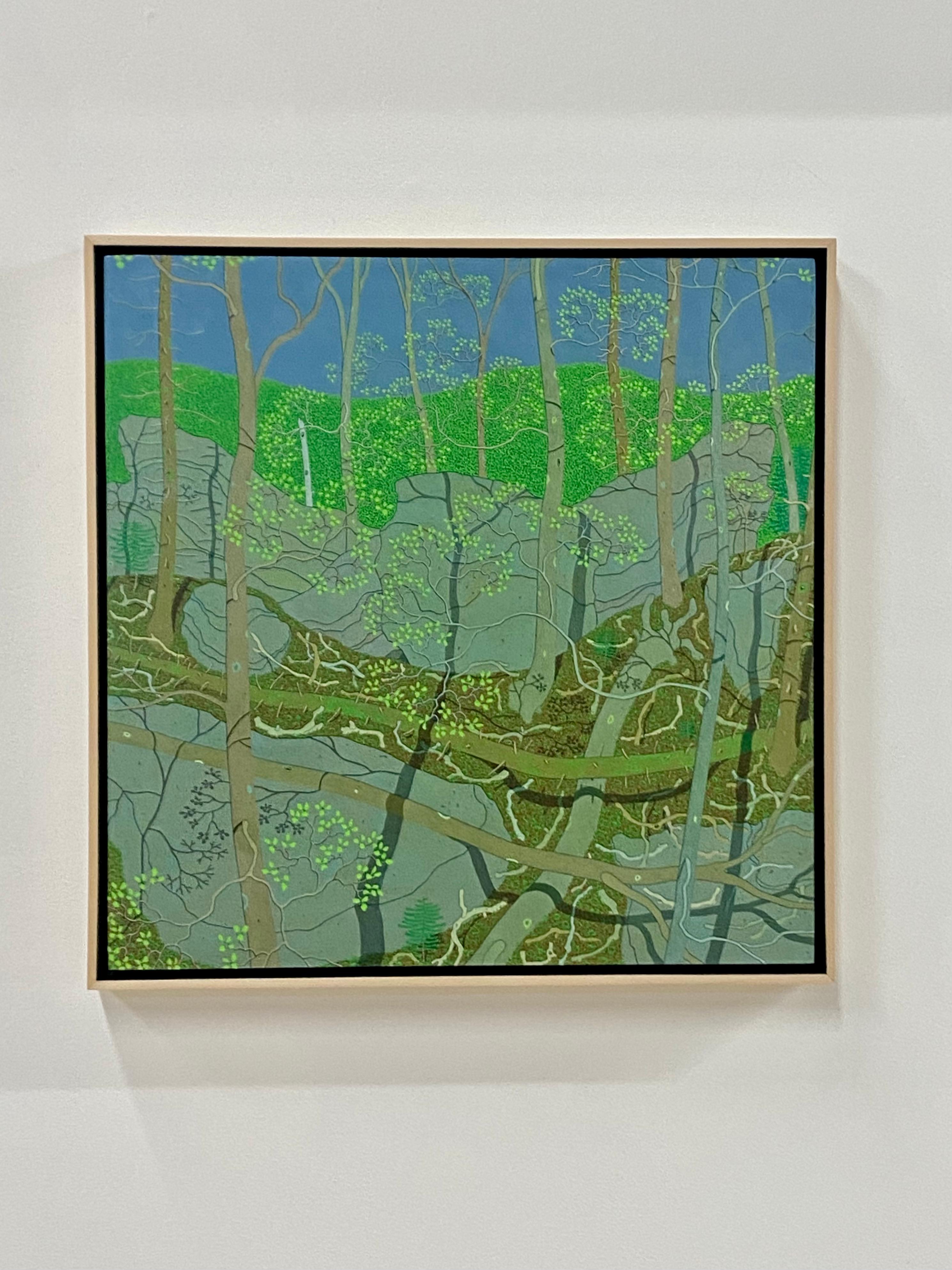 April Green Wyatt Mountain, Forêt de Spring, Paysage de Virginie, arbres verts, gris - Painting de Gregory Hennen