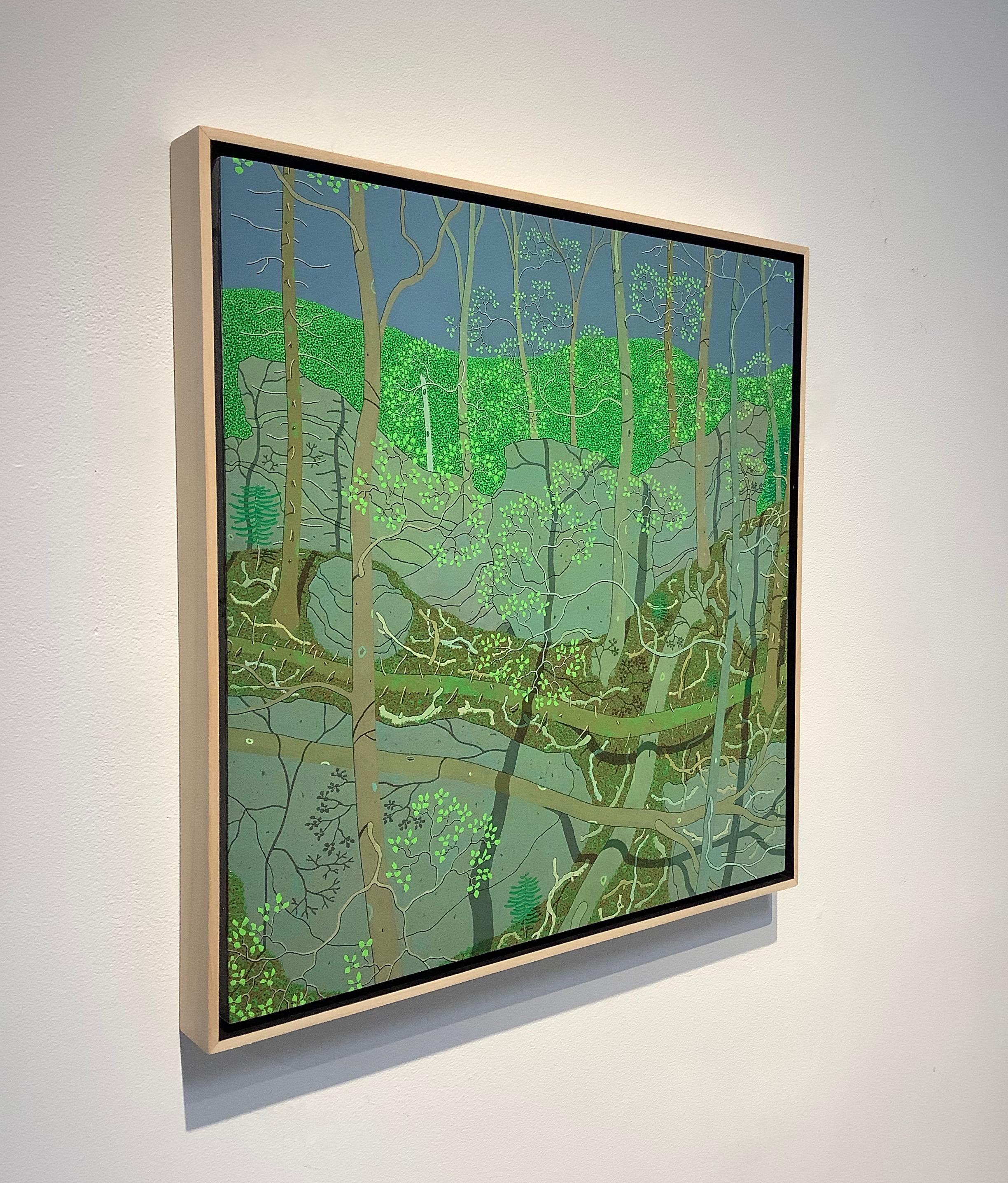 The densely treed forest of Hennen's Virginia home are the subject for this rich, highly detailed painting. The many shades of green in the foliage, the pale brown and beige tree trunks and soft gray boulders allude to the peace of the forest and