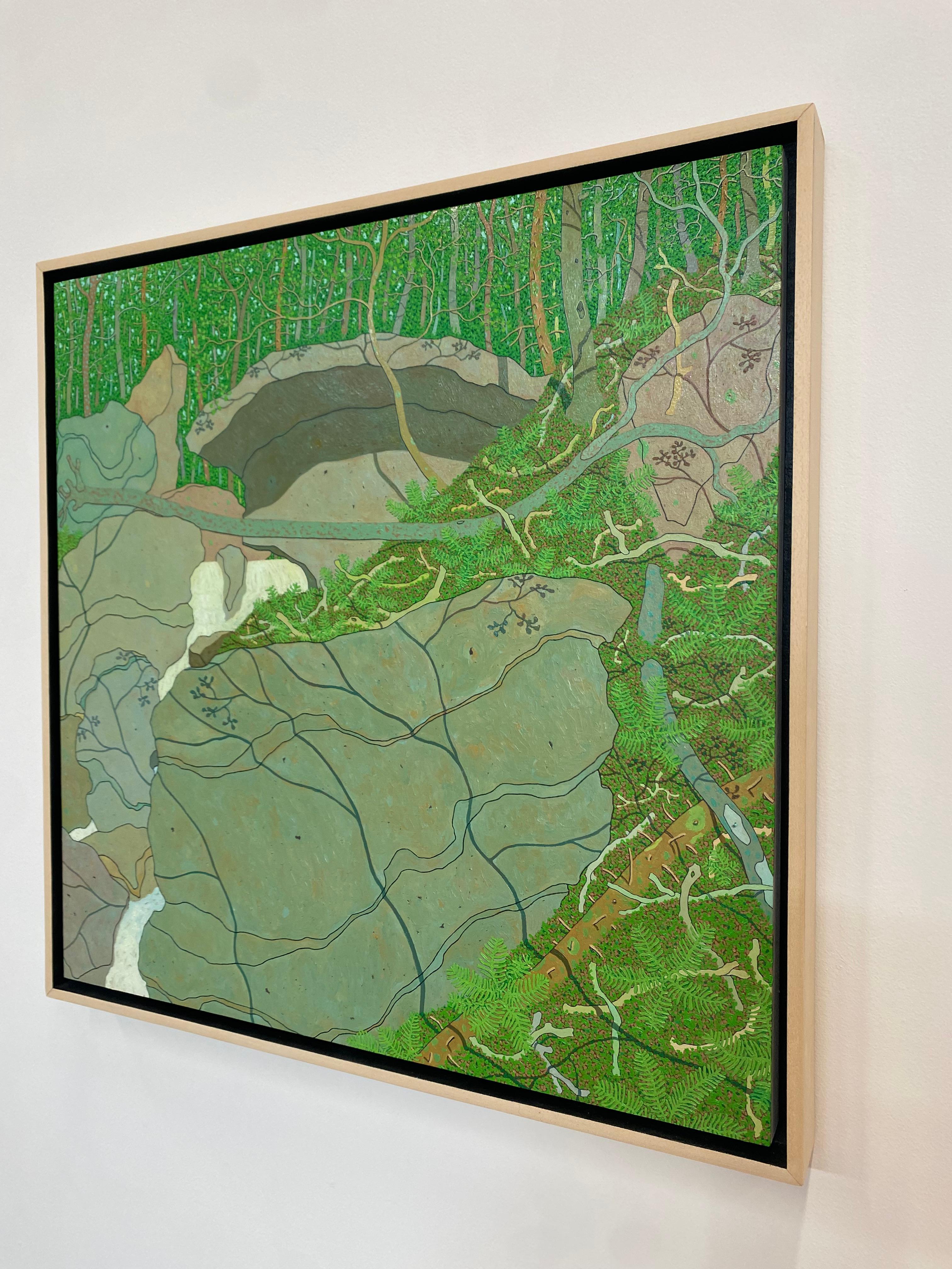 Agosto Cascade Wyatt Mountain - Alberi verdi, rocce grigie, foresta della Virginia, 2020 - Painting Contemporaneo di Gregory Hennen