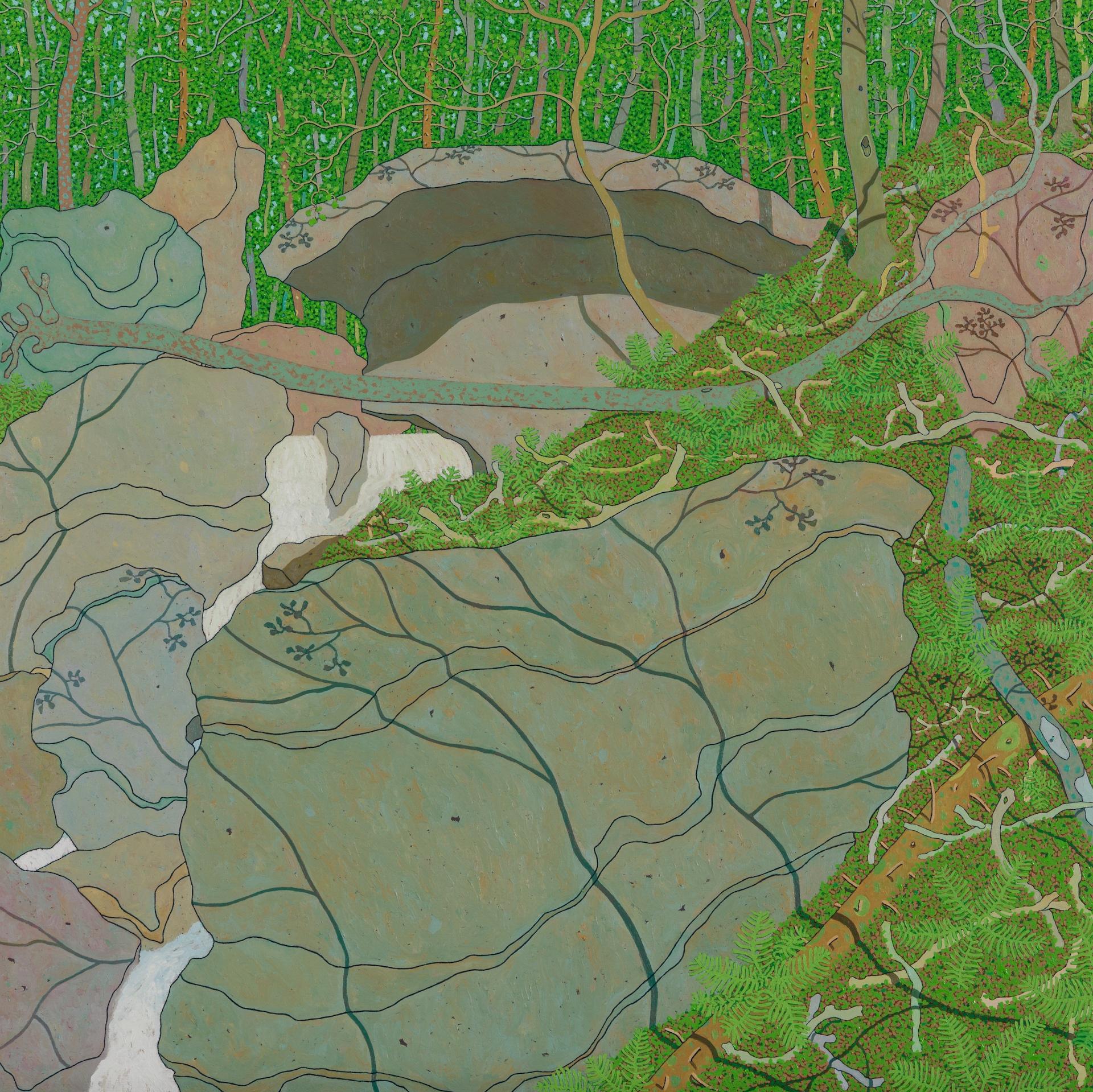 Landscape Painting di Gregory Hennen - Agosto Cascade Wyatt Mountain - Alberi verdi, rocce grigie, foresta della Virginia, 2020