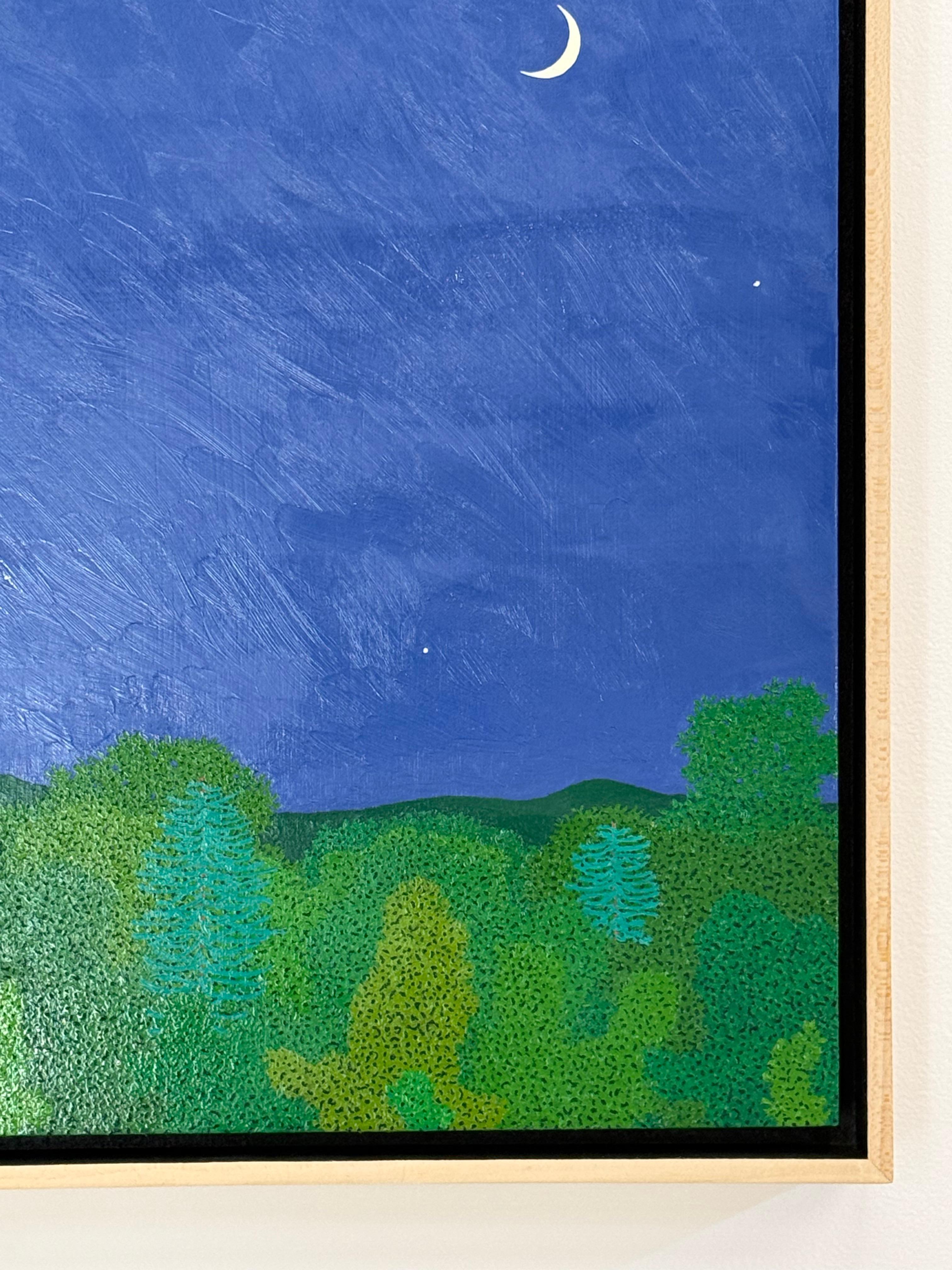 Croissant de lune fin mai - Ciel nocturne Étoiles Woods Vertes Eau Arbres Paysage, 2025 en vente 6