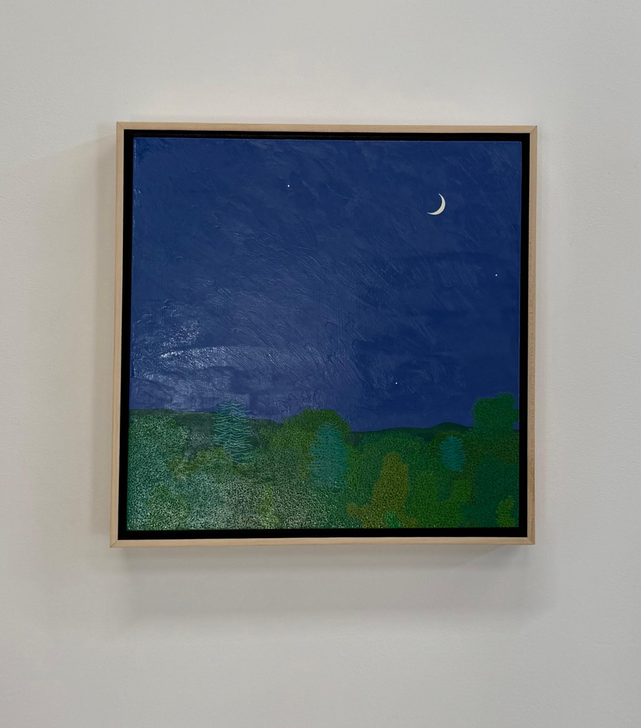 Croissant de lune fin mai - Ciel nocturne Étoiles Woods Vertes Eau Arbres Paysage, 2025 - Painting de Gregory Hennen