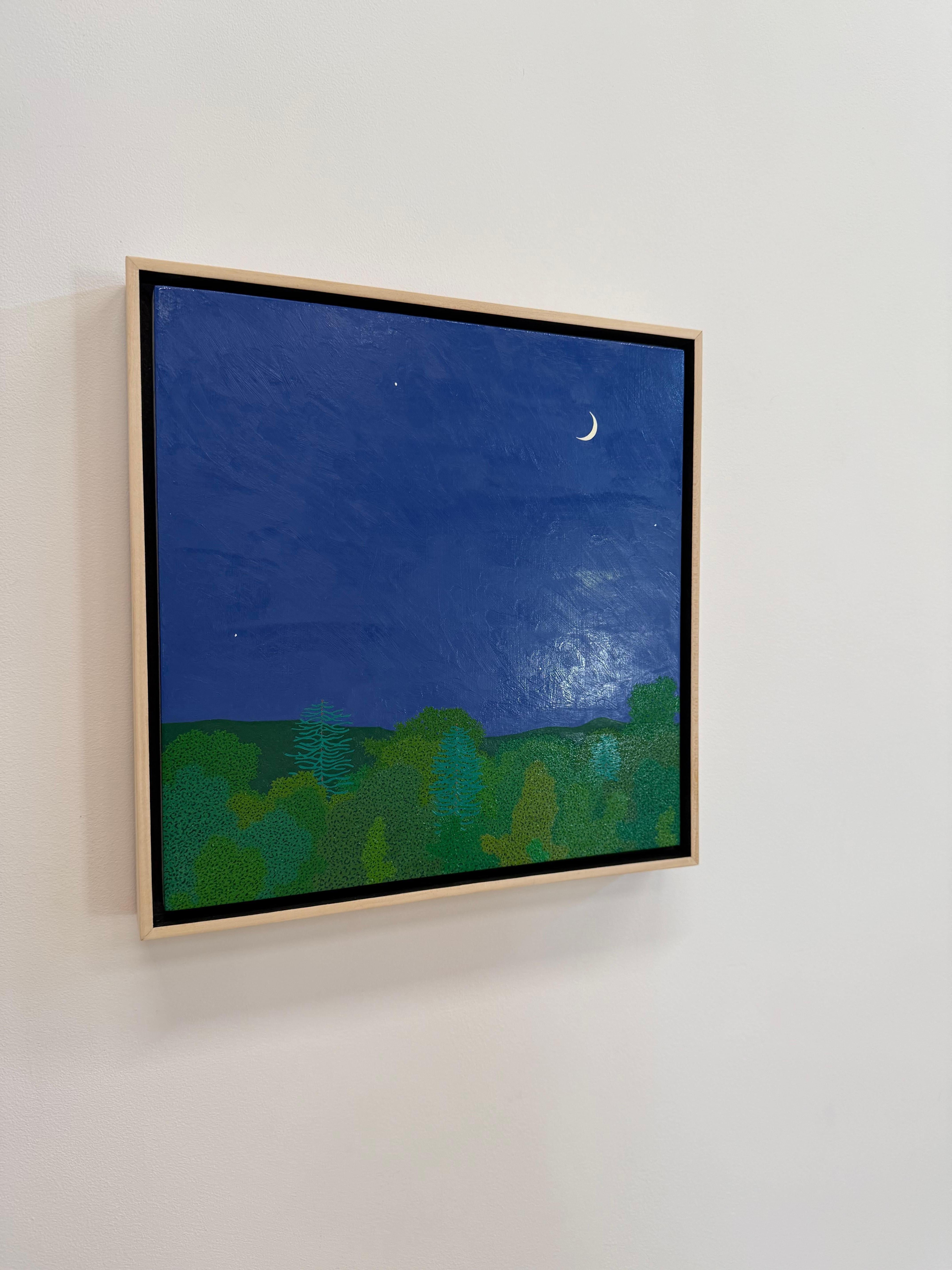 Croissant de lune fin mai - Ciel nocturne Étoiles Woods Vertes Eau Arbres Paysage, 2025 - Contemporain Painting par Gregory Hennen