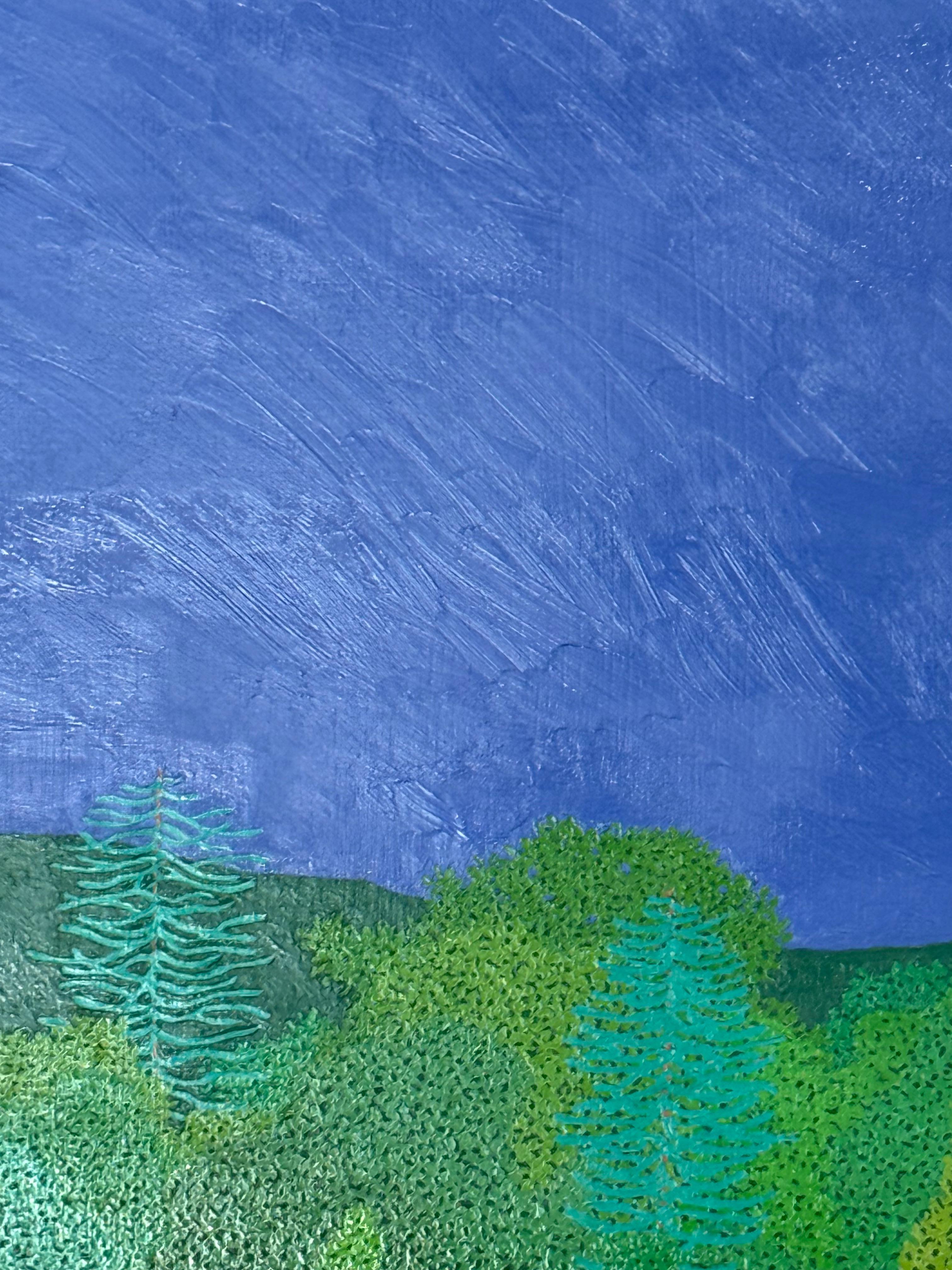 Le ciel nocturne au-dessus de la forêt dense de la maison de Hennen à Wyatt Mountain, en Virginie, est le sujet de ce paysage contemporain riche et très détaillé peint à l'huile sur panneau au mois de mai. Un bosquet verdoyant d'arbres dans les tons