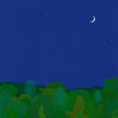 Croissant de lune fin mai - Ciel nocturne Étoiles Woods Vertes Eau Arbres Paysage, 2025