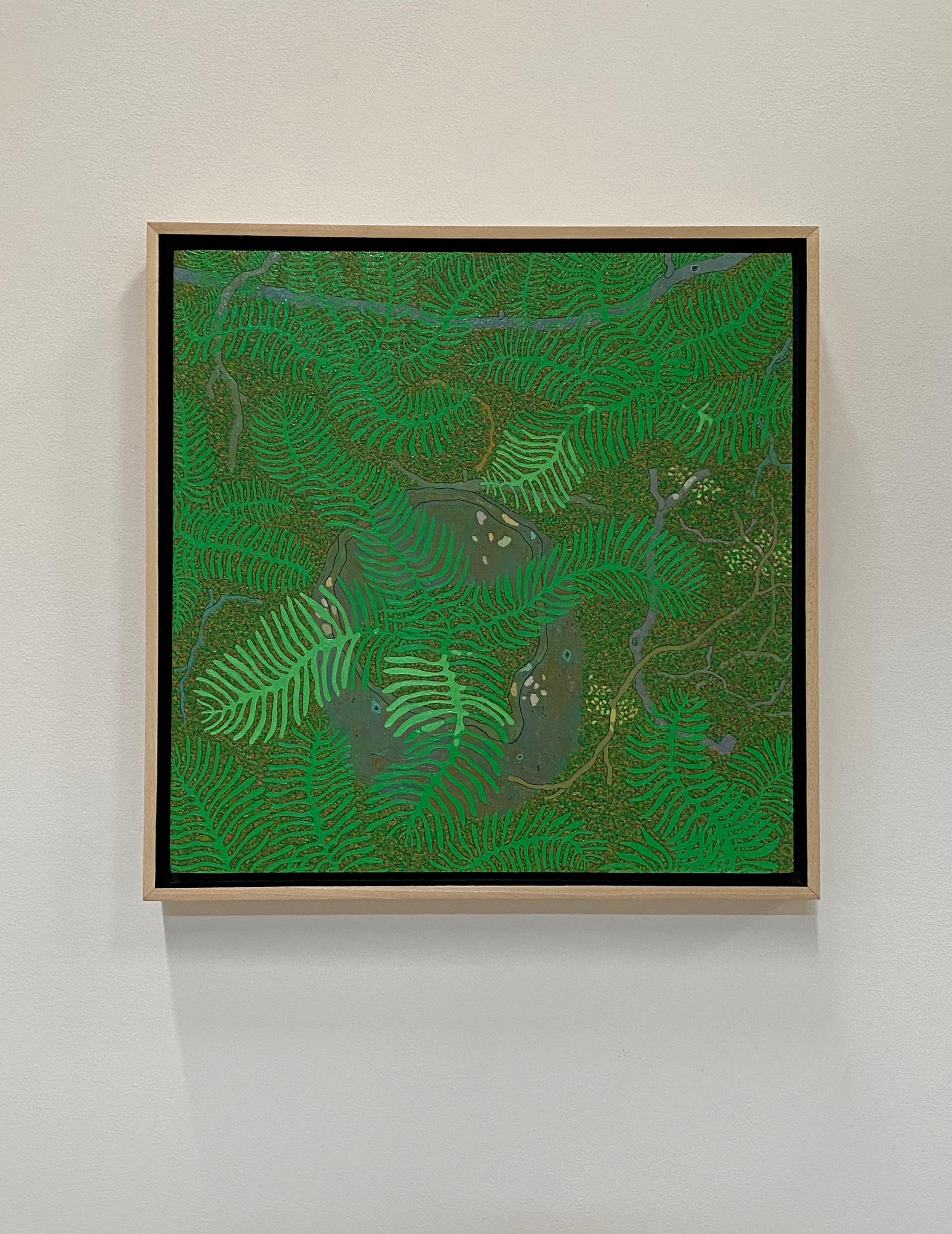 Ferns, Juni, Wyatt Mountain, leuchtend grünes Botanik, grauer Boulder-Sommerwald – Painting von Gregory Hennen