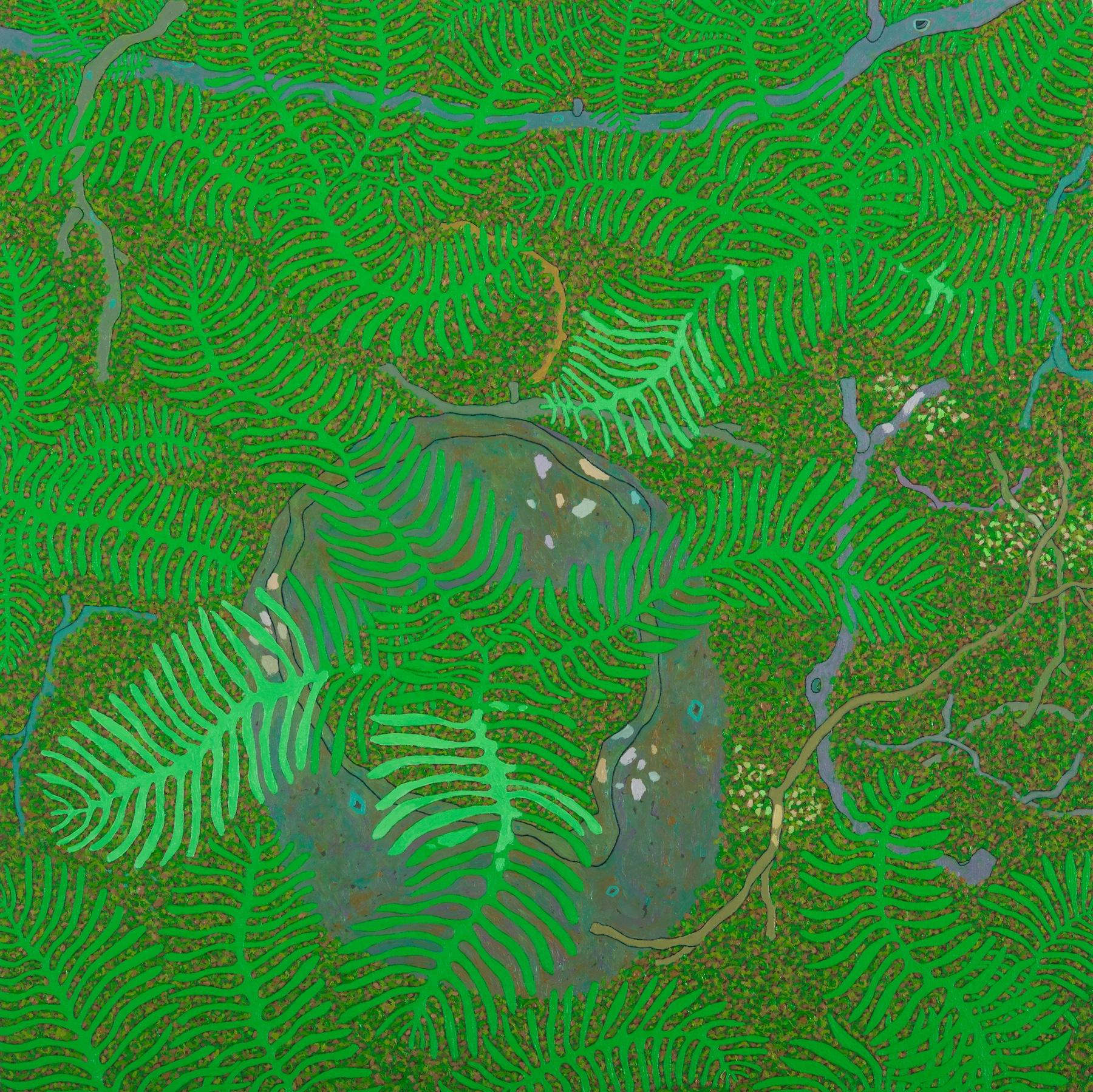 Gregory Hennen Landscape Painting – Ferns, Juni, Wyatt Mountain, leuchtend grünes Botanik, grauer Boulder-Sommerwald