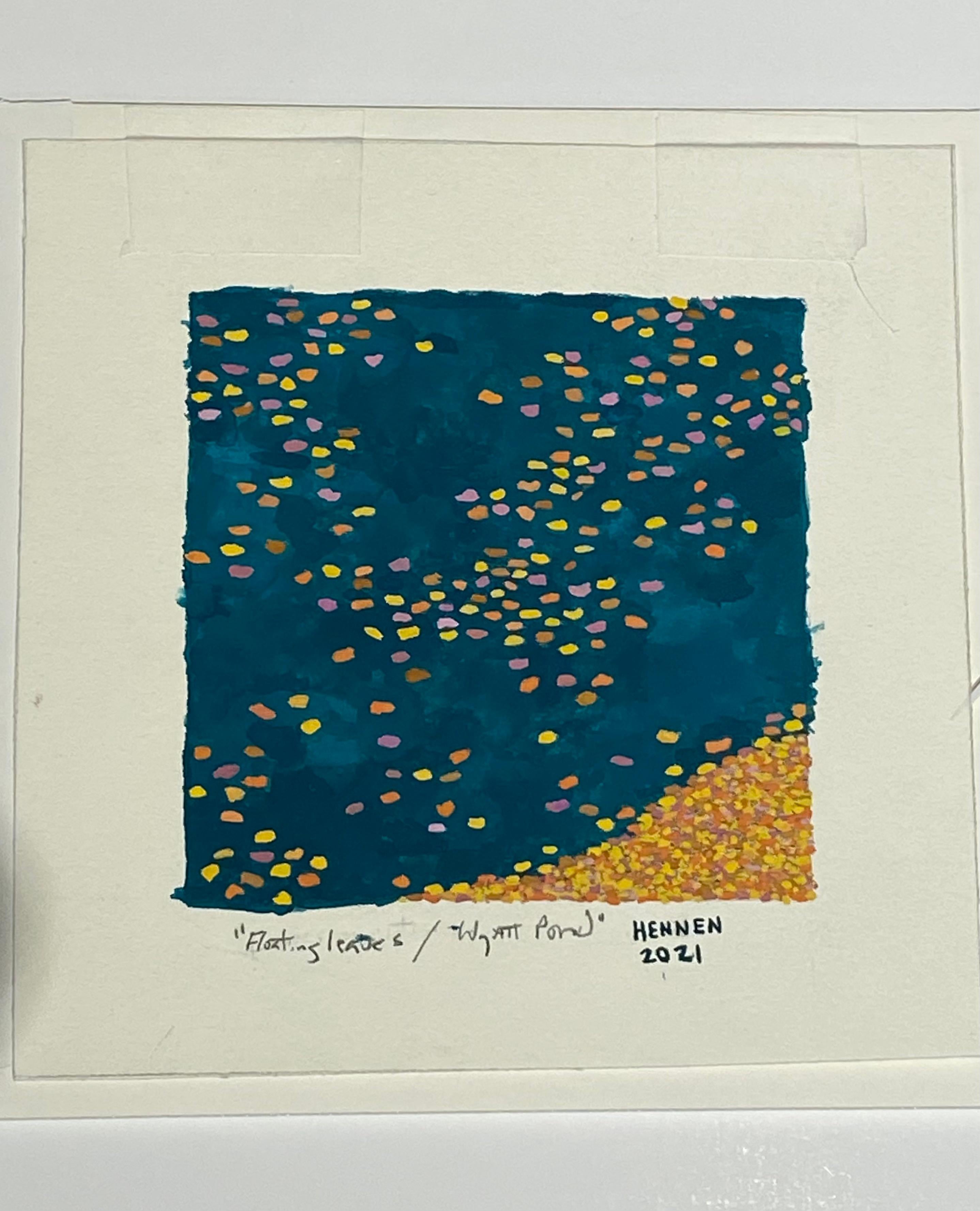 Hojas flotantes, estanque Wyatt, paisaje otoñal, amarillo, hojas naranjas, azul oscuro en venta 5