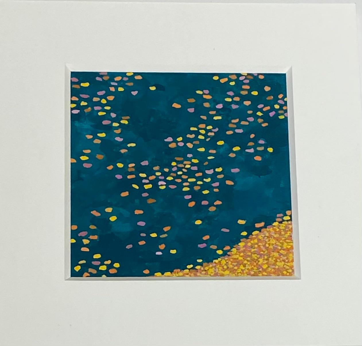 Hojas flotantes, estanque Wyatt, paisaje otoñal, amarillo, hojas naranjas, azul oscuro - Painting de Gregory Hennen