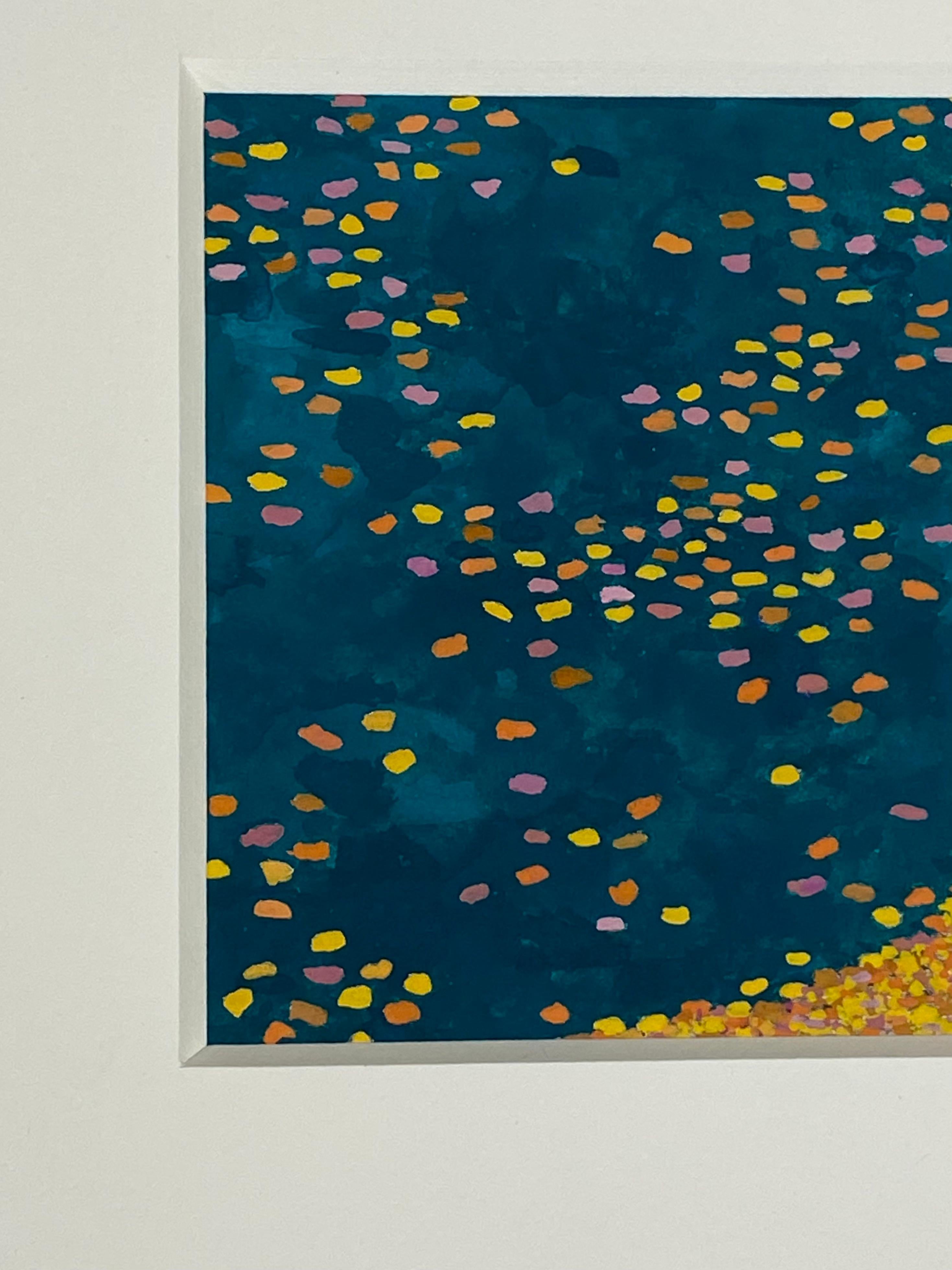 Hojas flotantes, estanque Wyatt, paisaje otoñal, amarillo, hojas naranjas, azul oscuro - Landscape Painting Azul de Gregory Hennen