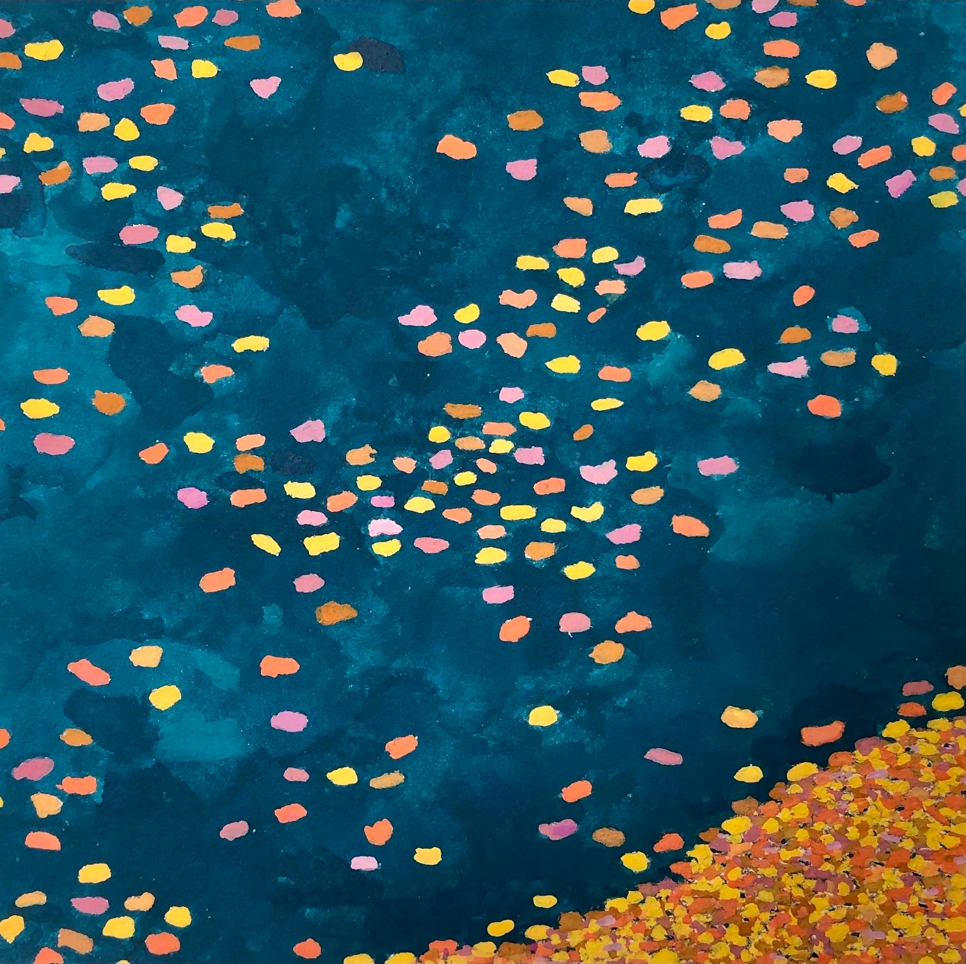 Landscape Painting de Gregory Hennen - Hojas flotantes, estanque Wyatt, paisaje otoñal, amarillo, hojas naranjas, azul oscuro
