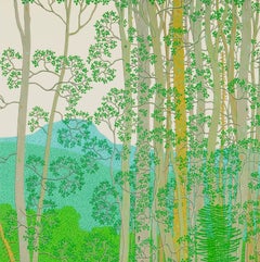 Hazy Afternoon, August Summer Landscape with Bright Green Leaves and Mountains