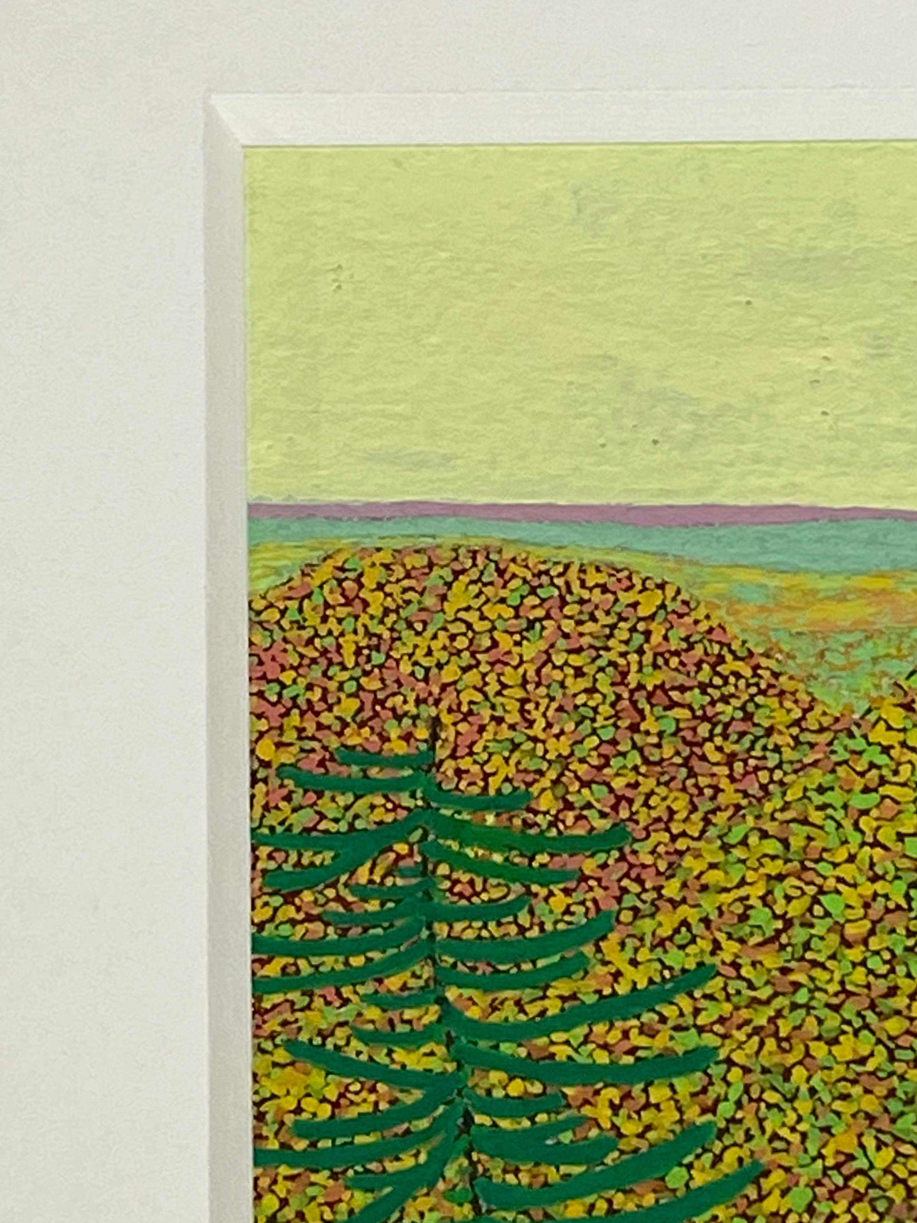 A contemporary landsape painting in gouache on paper of a vista of autumn foliage viewed from the ledge of a gray boulder on Wyatt Mountain near Gregory Hennen's Virginia home is the subject of this rich, highly detailed landscape painting The many
