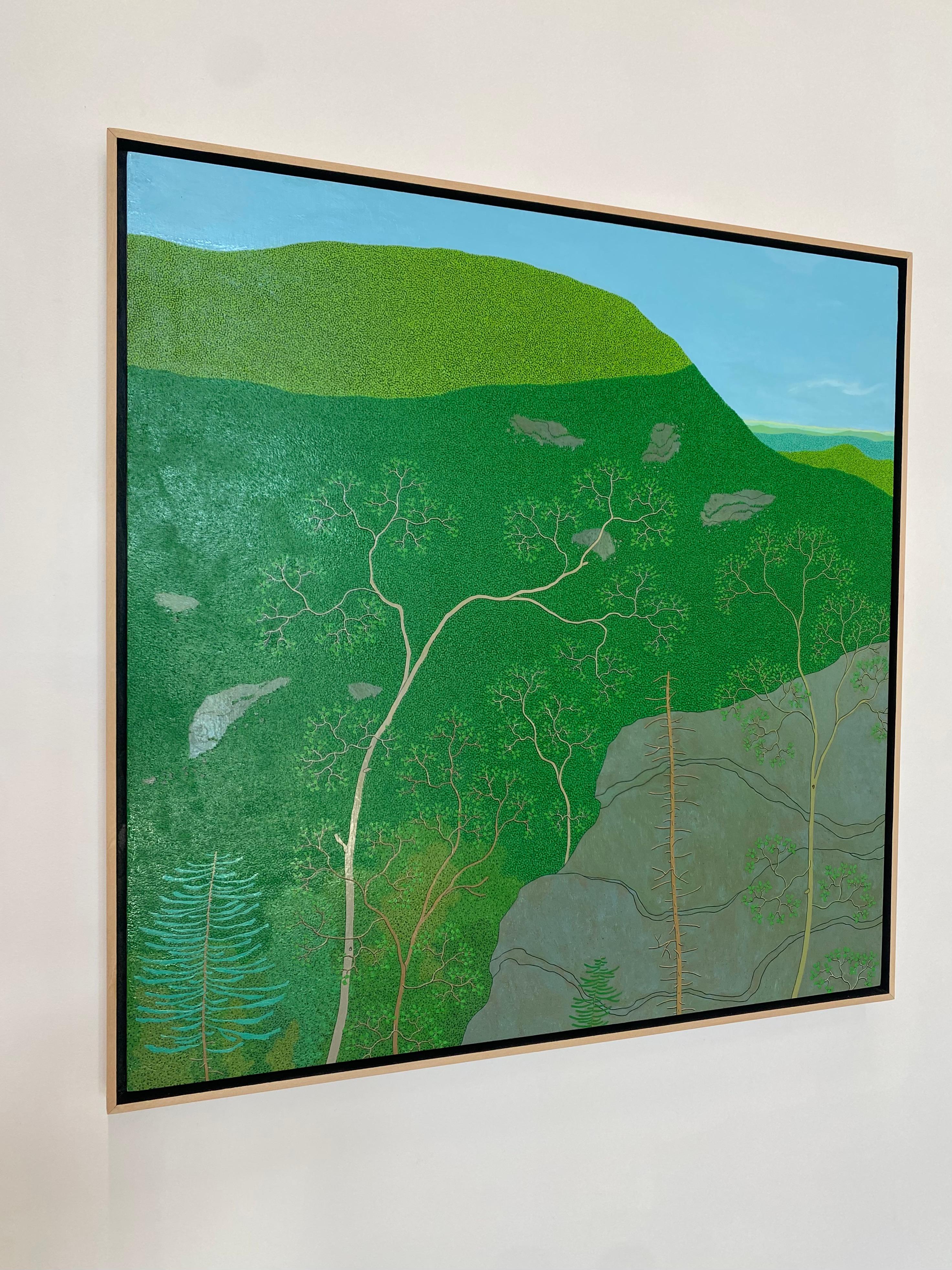 El paisaje verde y montañoso de la casa de Gregory Hennen en Virginia es el tema de este rico y detallado paisaje contemporáneo pintado al óleo sobre tabla. Registrando la luz cambiante de la cresta de la montaña, Hennen capta sus múltiples matices