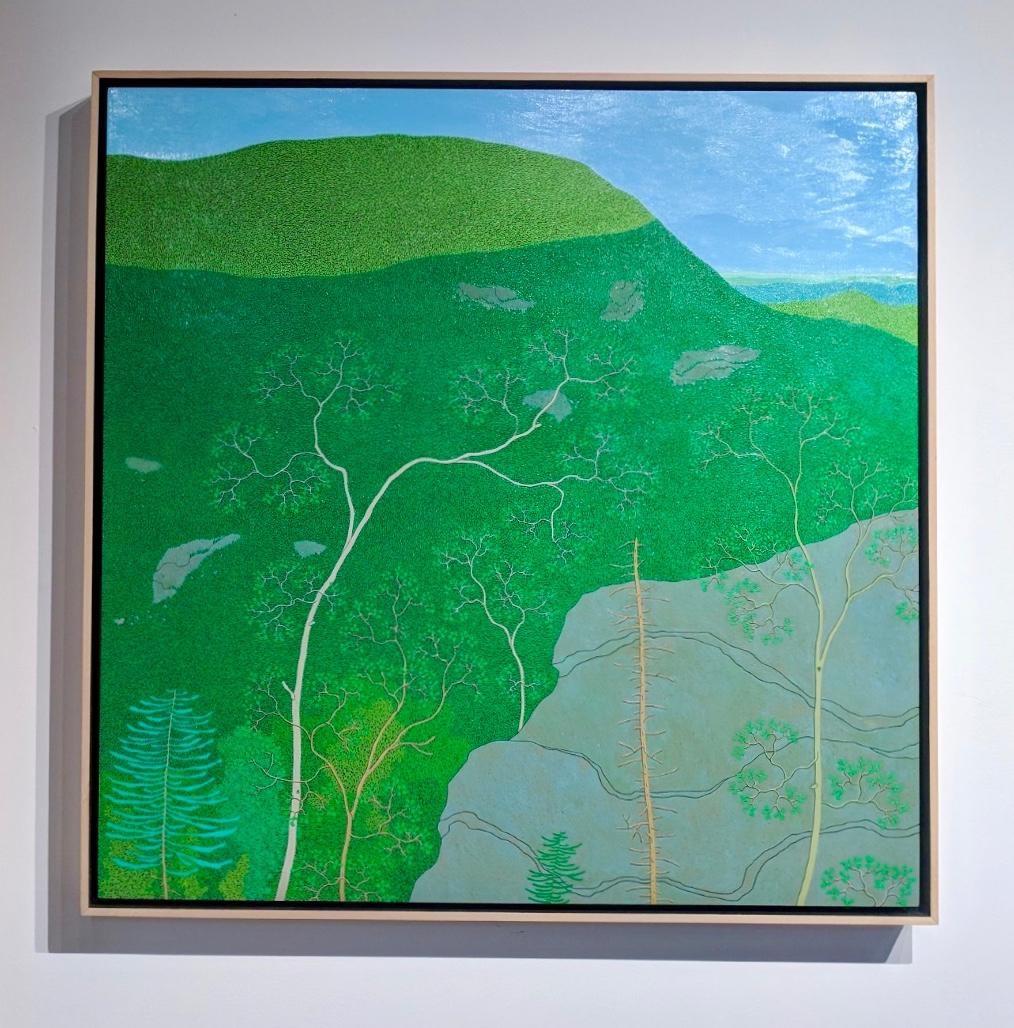 Last Light on Slaters Ridge Wyatt Mt, Blue Sky, Green Mountain, Trees, Hills - Painting by Gregory Hennen