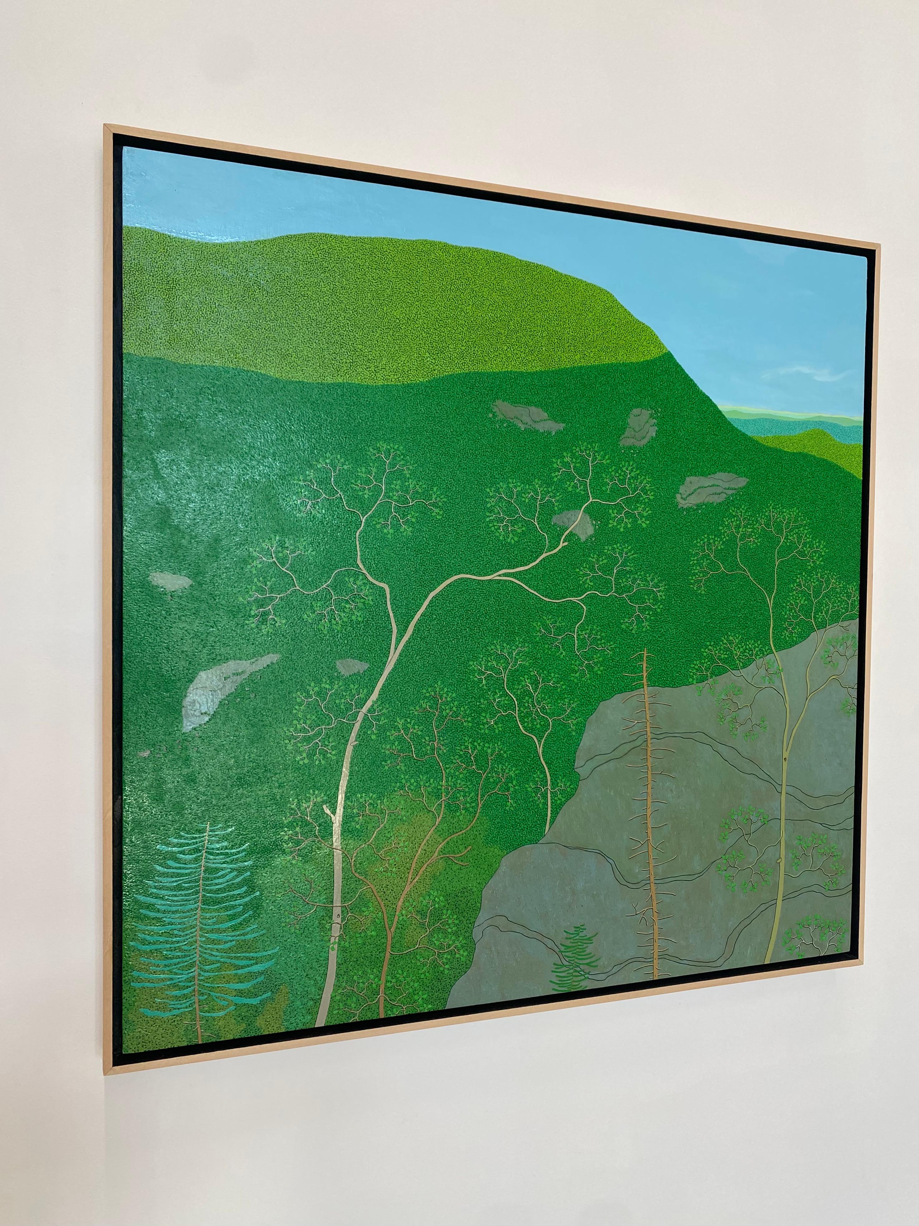 The verdant green, mountainous landscape of Gregory Hennen's Virginia home are the subject for this rich, highly detailed landscape painting. Recording the changing light from the mountain ridge, Hennen captures its many shades of green, teal, blue