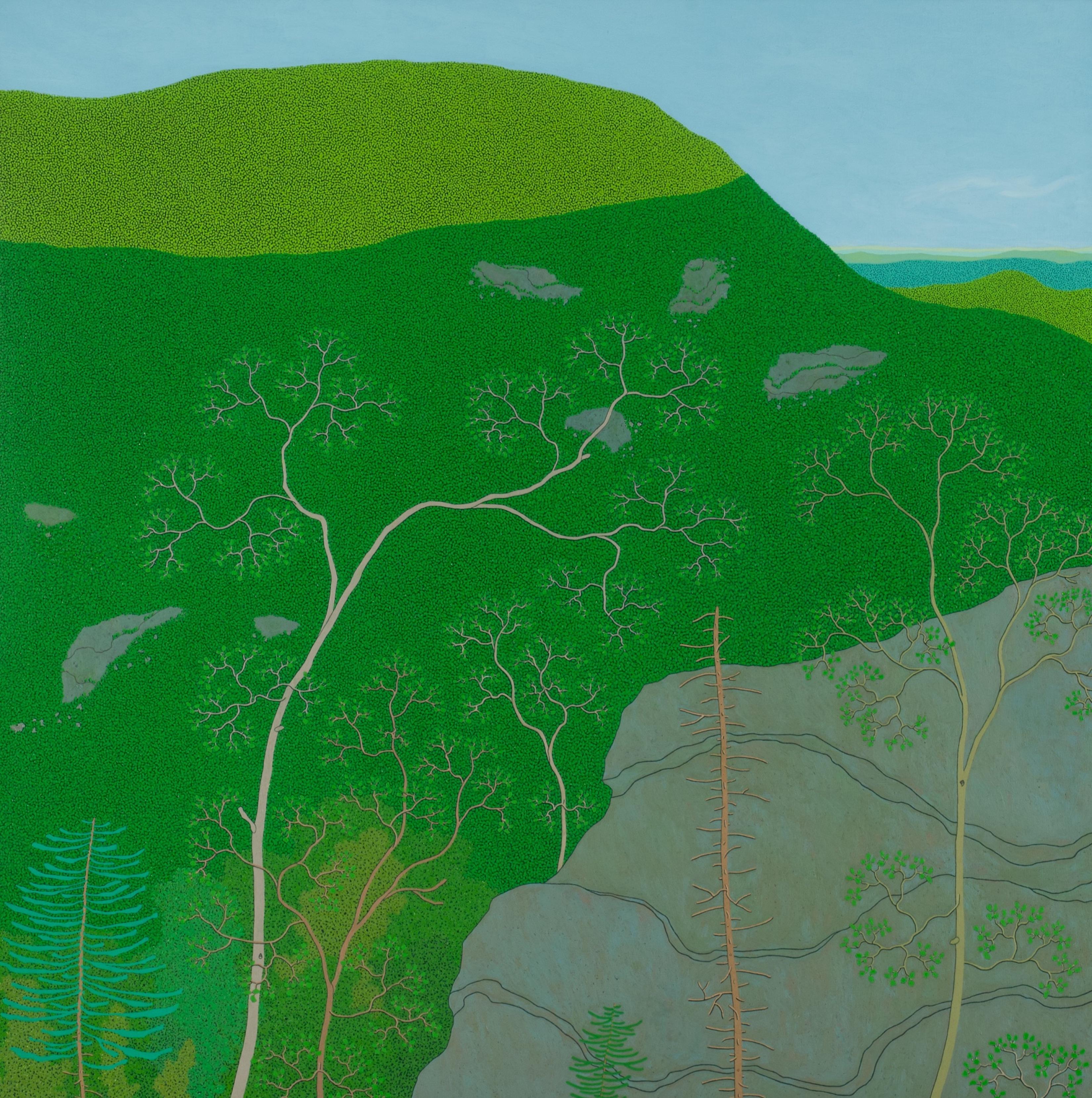 Landscape Painting Gregory Hennen - Last Light on Slaters Ridge Wyatt Mt, ciel bleu, montagne verte, arbres, collines