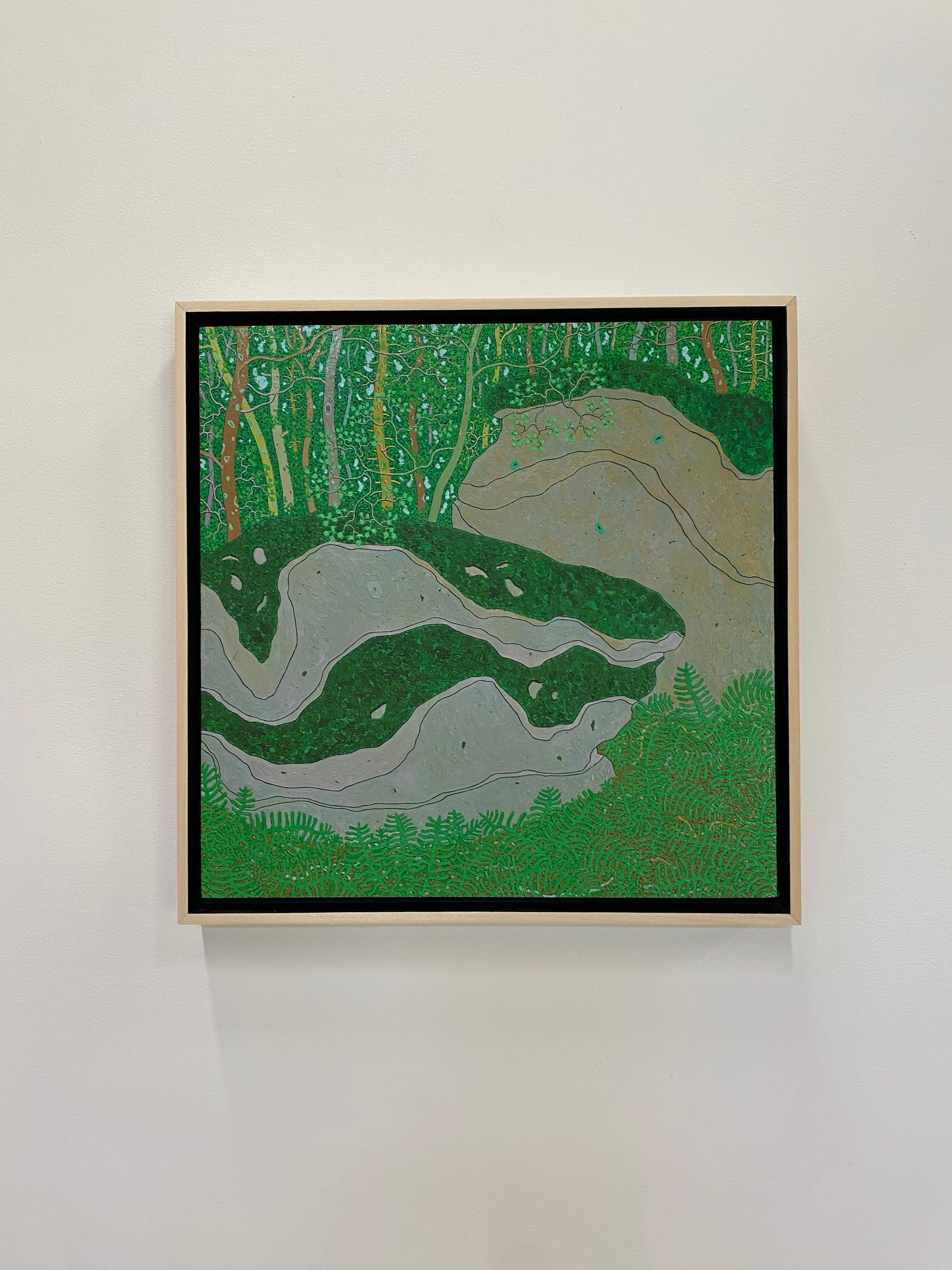Cantos rodados cubiertos de musgo Agosto - Árboles verdes Paisaje forestal de verano, 2014 - Painting de Gregory Hennen