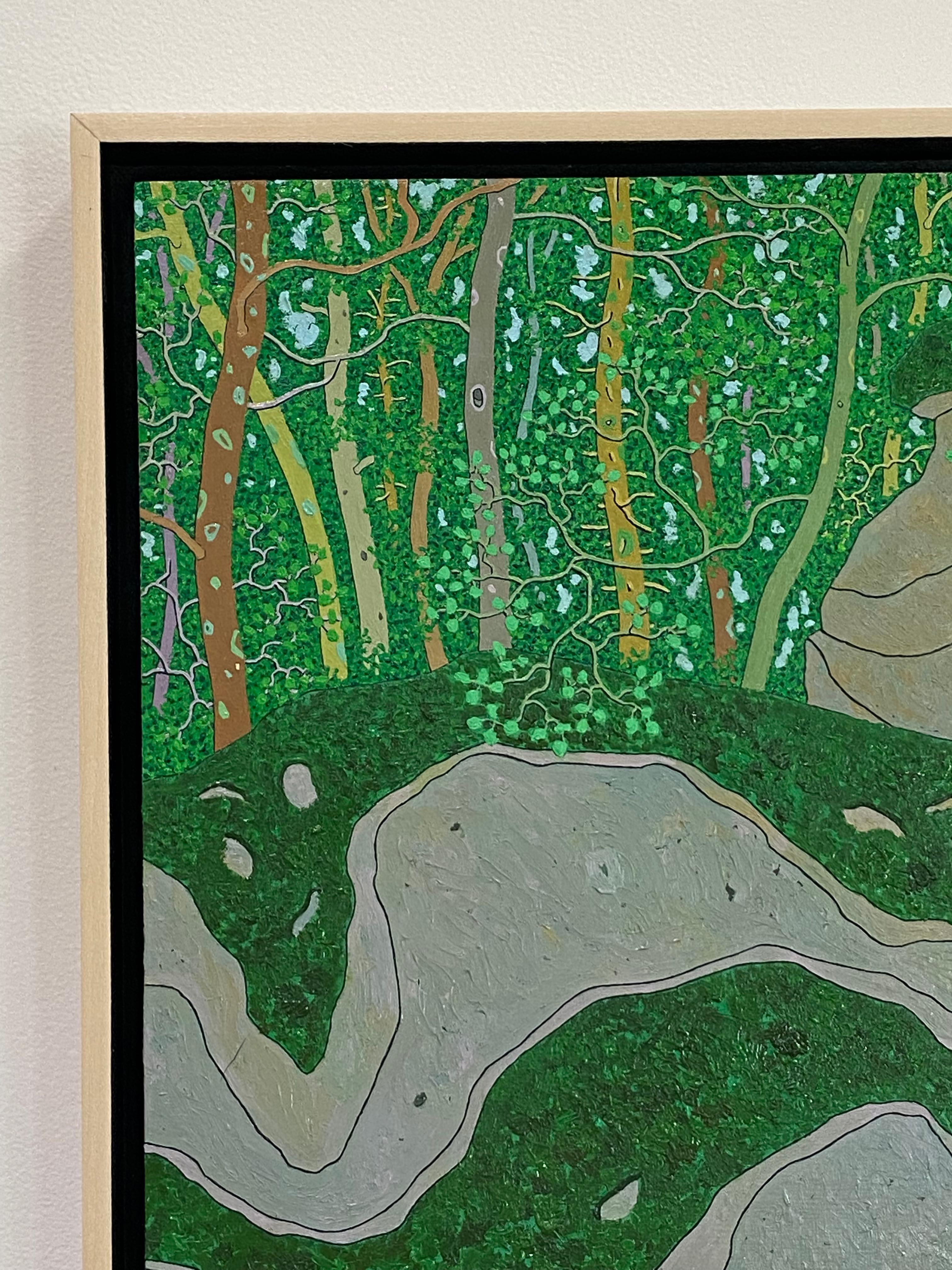 Cantos rodados cubiertos de musgo Agosto - Árboles verdes Paisaje forestal de verano, 2014 - Landscape Painting Verde de Gregory Hennen