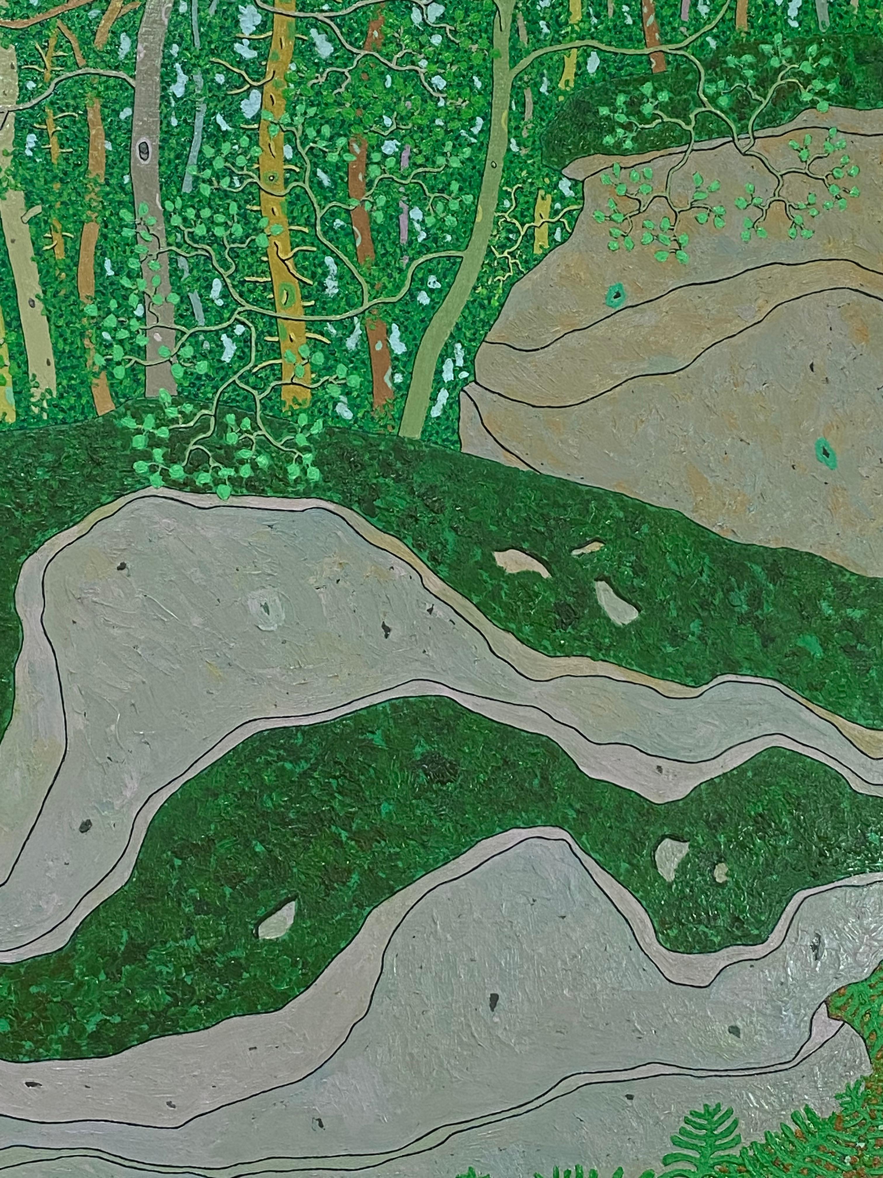 Cantos rodados cubiertos de musgo Agosto - Árboles verdes Paisaje forestal de verano, 2014 en venta 1