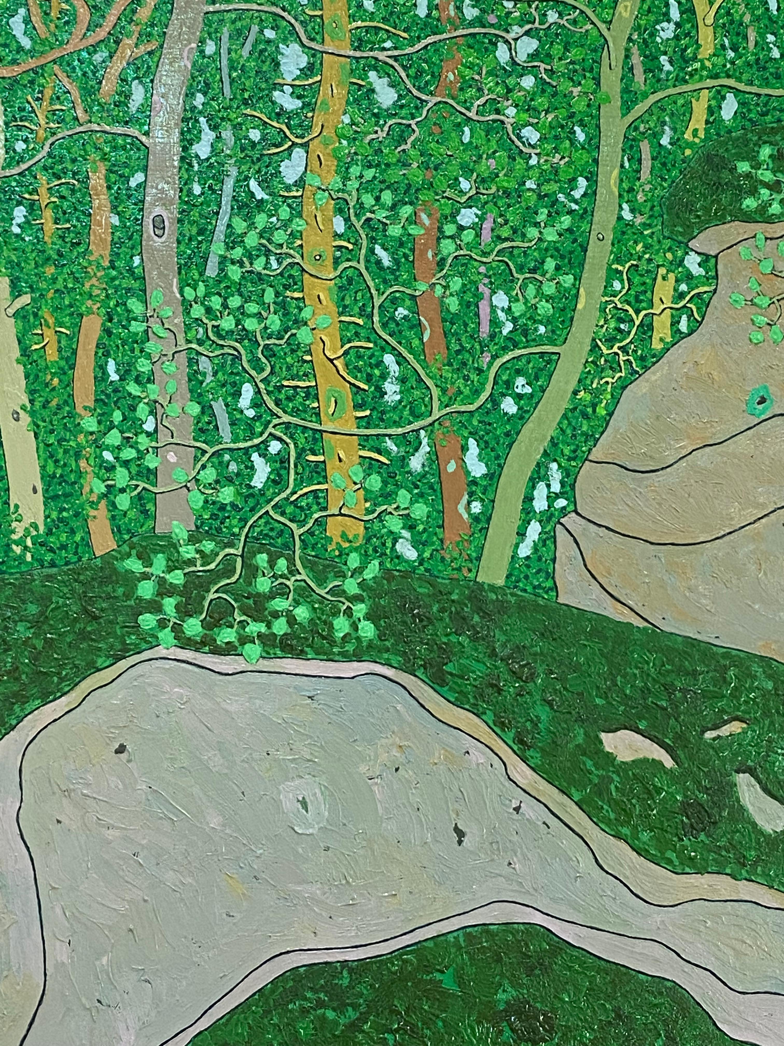Cantos rodados cubiertos de musgo Agosto - Árboles verdes Paisaje forestal de verano, 2014 en venta 3