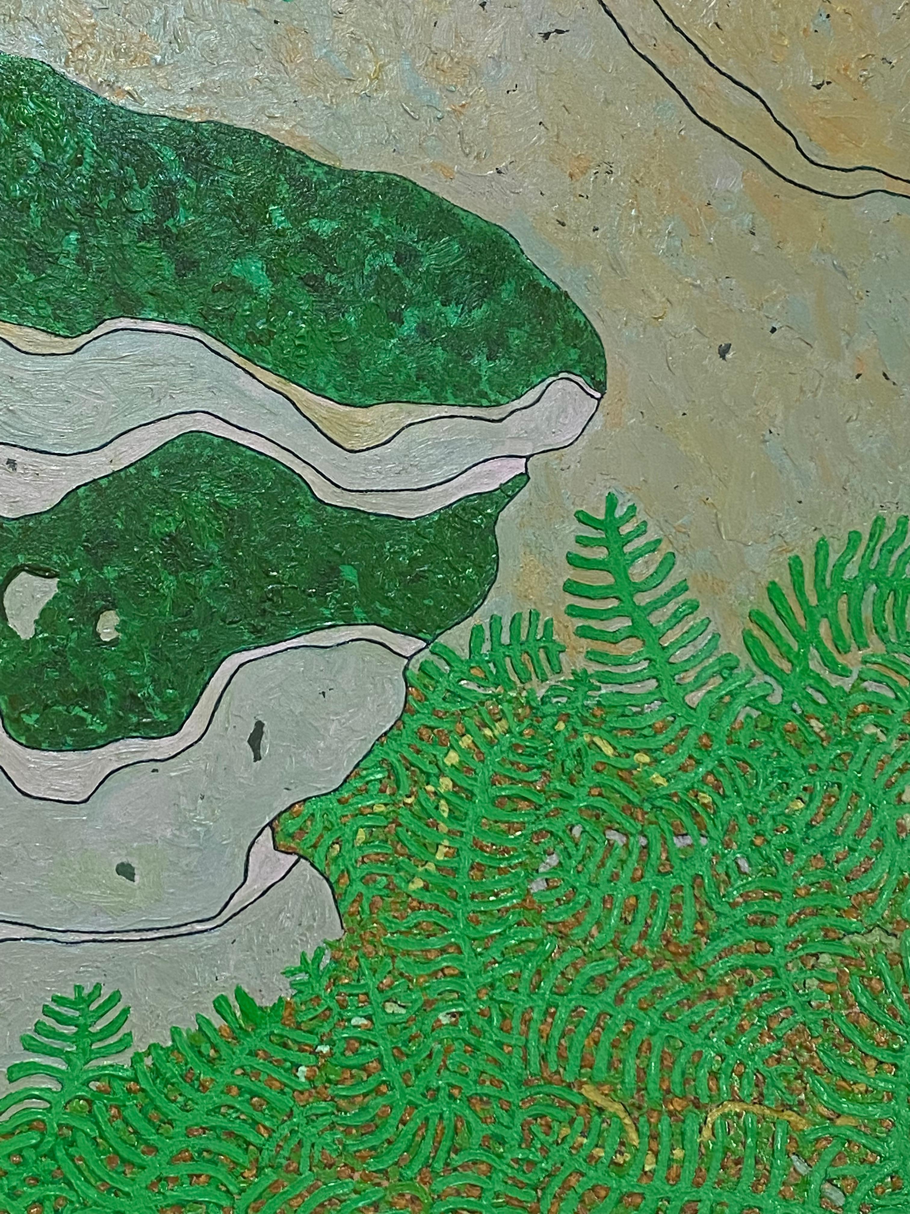 Cantos rodados cubiertos de musgo Agosto - Árboles verdes Paisaje forestal de verano, 2014 en venta 4