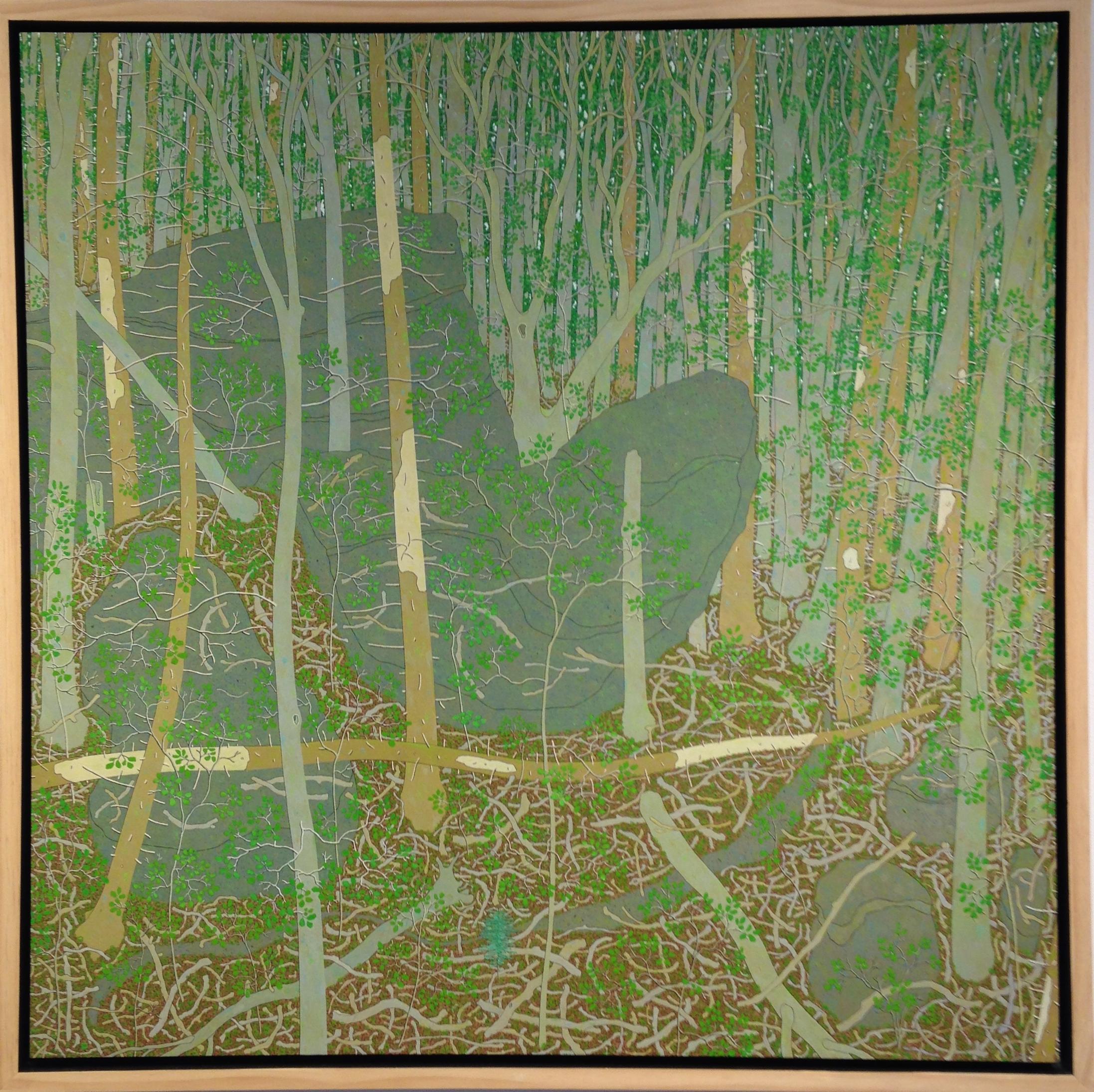 Bosque de Virginia verde oliva, dorado, beige, viejo bosque de cicutas y nuevo crecimiento - Painting de Gregory Hennen