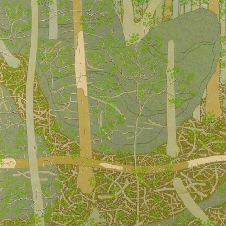 Bosque de Virginia verde oliva, dorado, beige, viejo bosque de cicutas y nuevo crecimiento - Landscape Painting Beige de Gregory Hennen