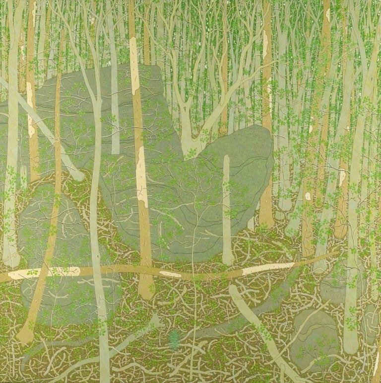 Landscape Painting de Gregory Hennen - Bosque de Virginia verde oliva, dorado, beige, viejo bosque de cicutas y nuevo crecimiento