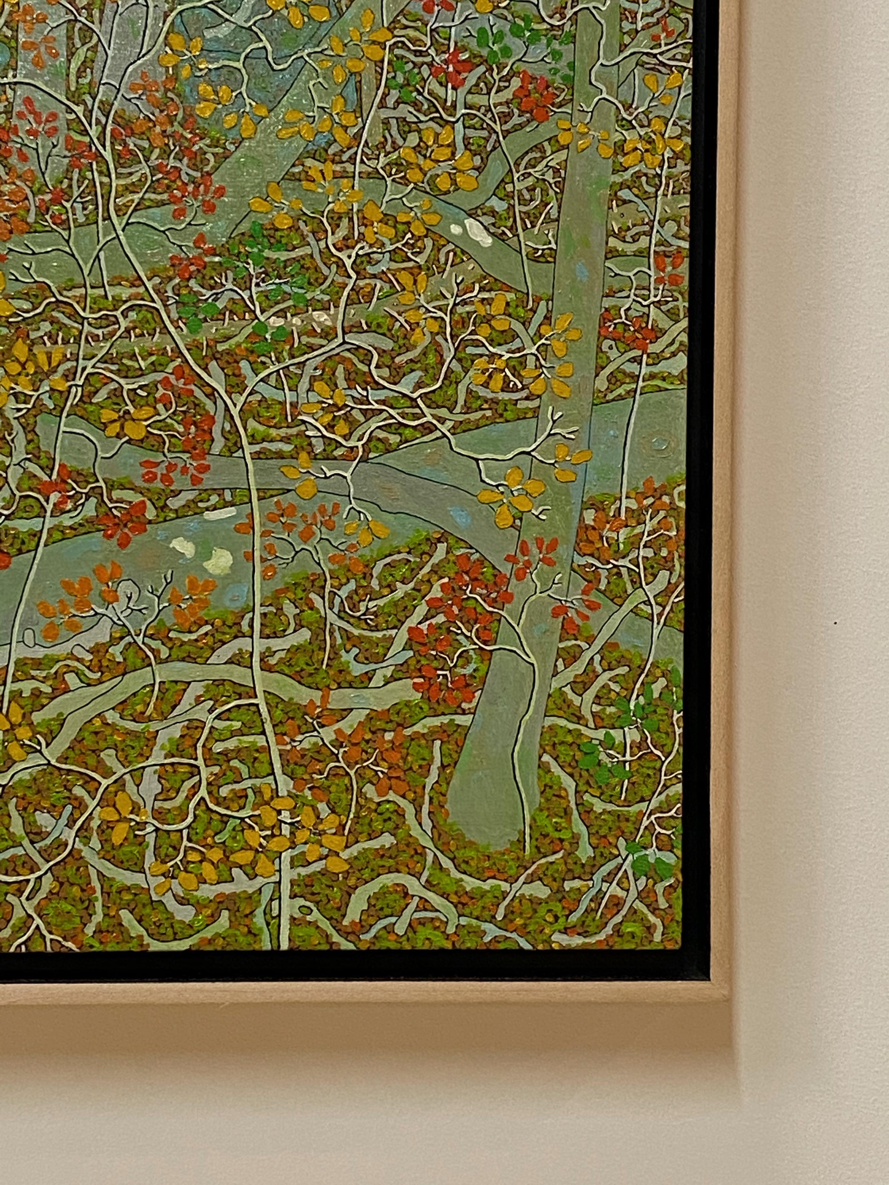 Viejo roble de octubre - Paisaje contemporáneo al óleo, Bosque otoñal en Virginia, 2011 en venta 5