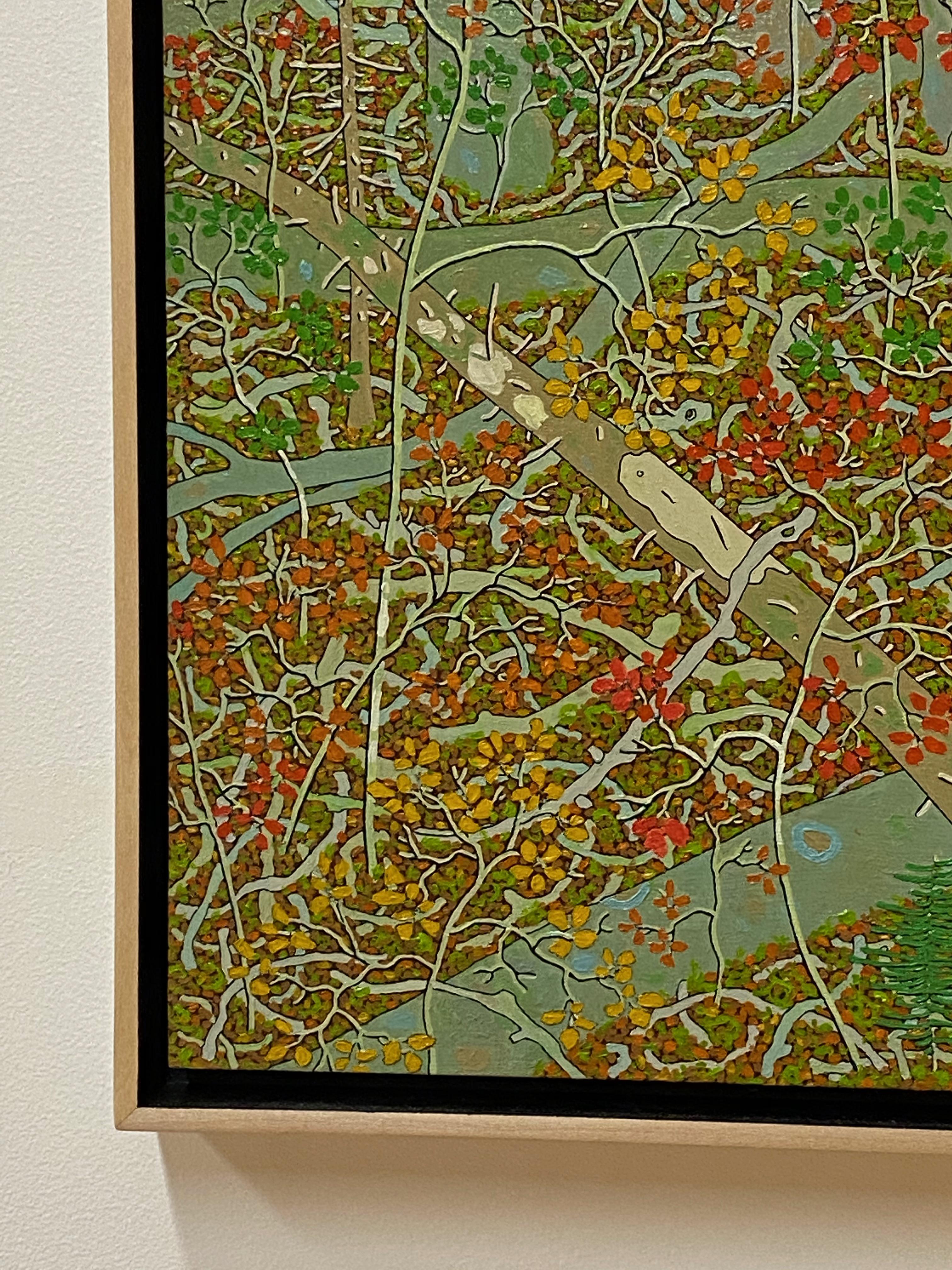 El bosque densamente arbolado de la casa de Hennen en Virginia es el tema de este rico y detallado paisaje pintado al óleo sobre tabla. Los múltiples tonos de verde, naranja y amarillo de las hojas otoñales y los suaves troncos grises de los árboles