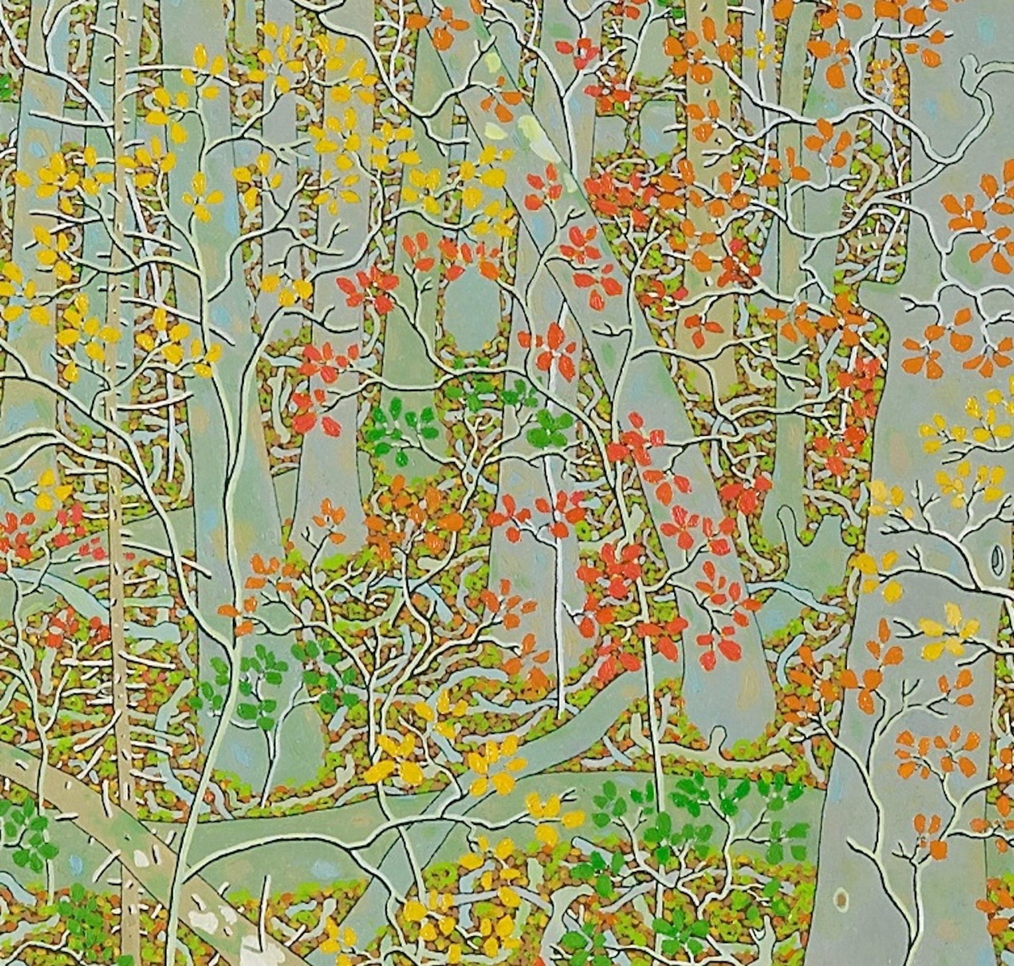 Viejo roble de octubre - Paisaje contemporáneo al óleo, Bosque otoñal en Virginia, 2011 en venta 2
