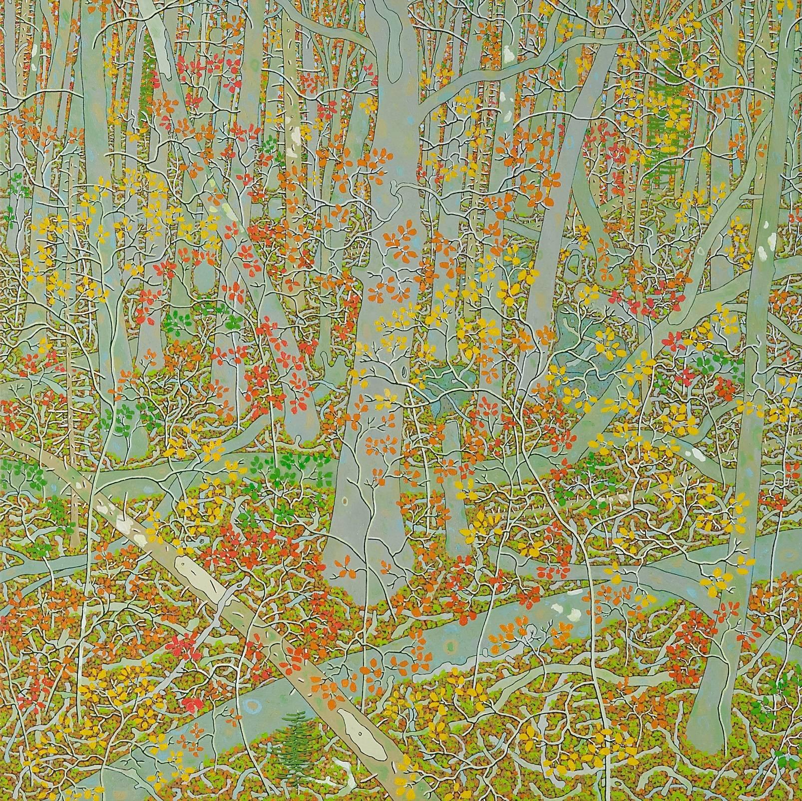 Gregory Hennen Landscape Painting - Old Oak October, Grey, Orange, Yellow, Green Fall Forest, Virginia Landscape