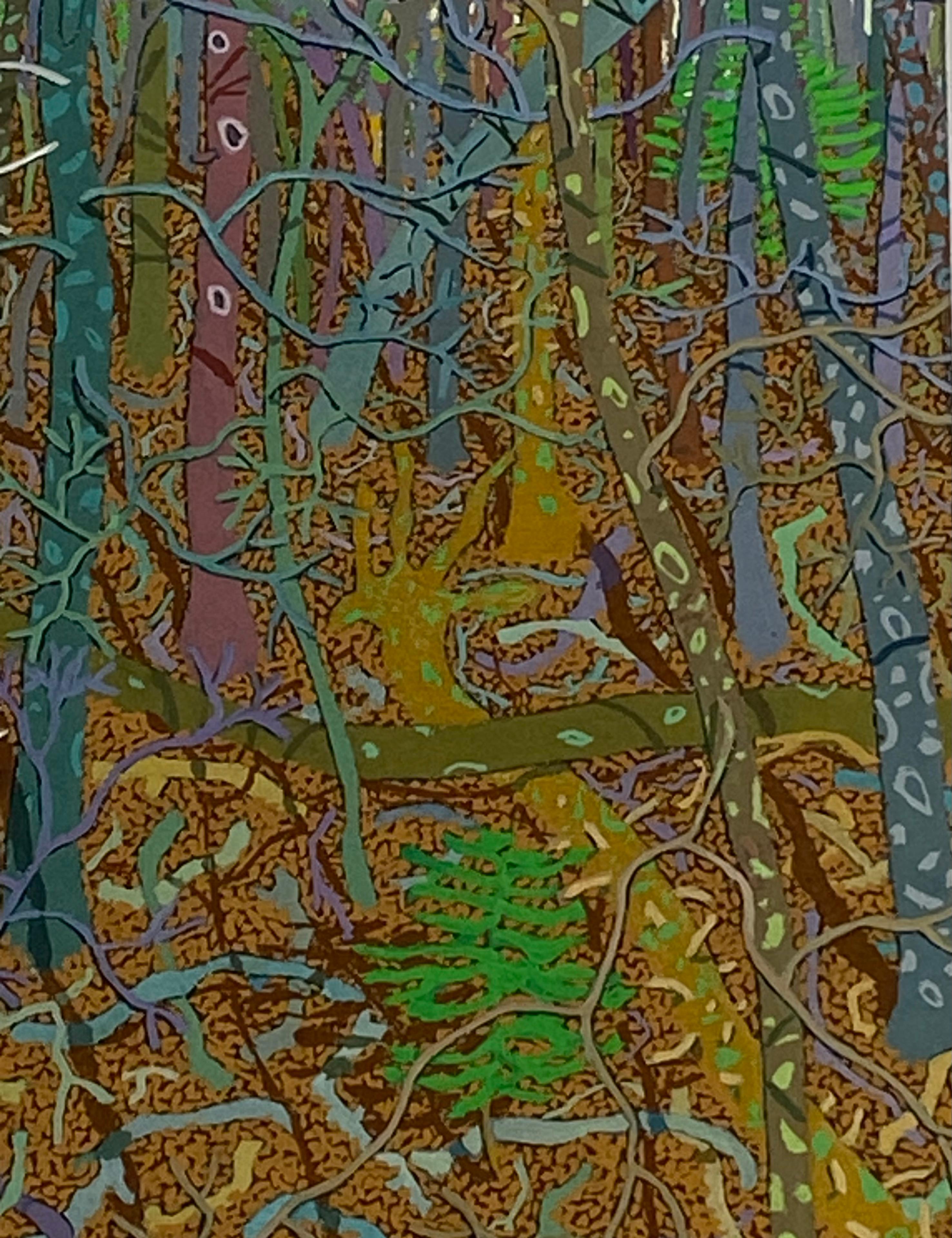 Rich, warm earth-toned brown trees line the forest floor in March in this rich, highly detailed landscape. The many shades of brown are offset by shades of luminous verdant green and light beige, alluding to the peace of the forest and the