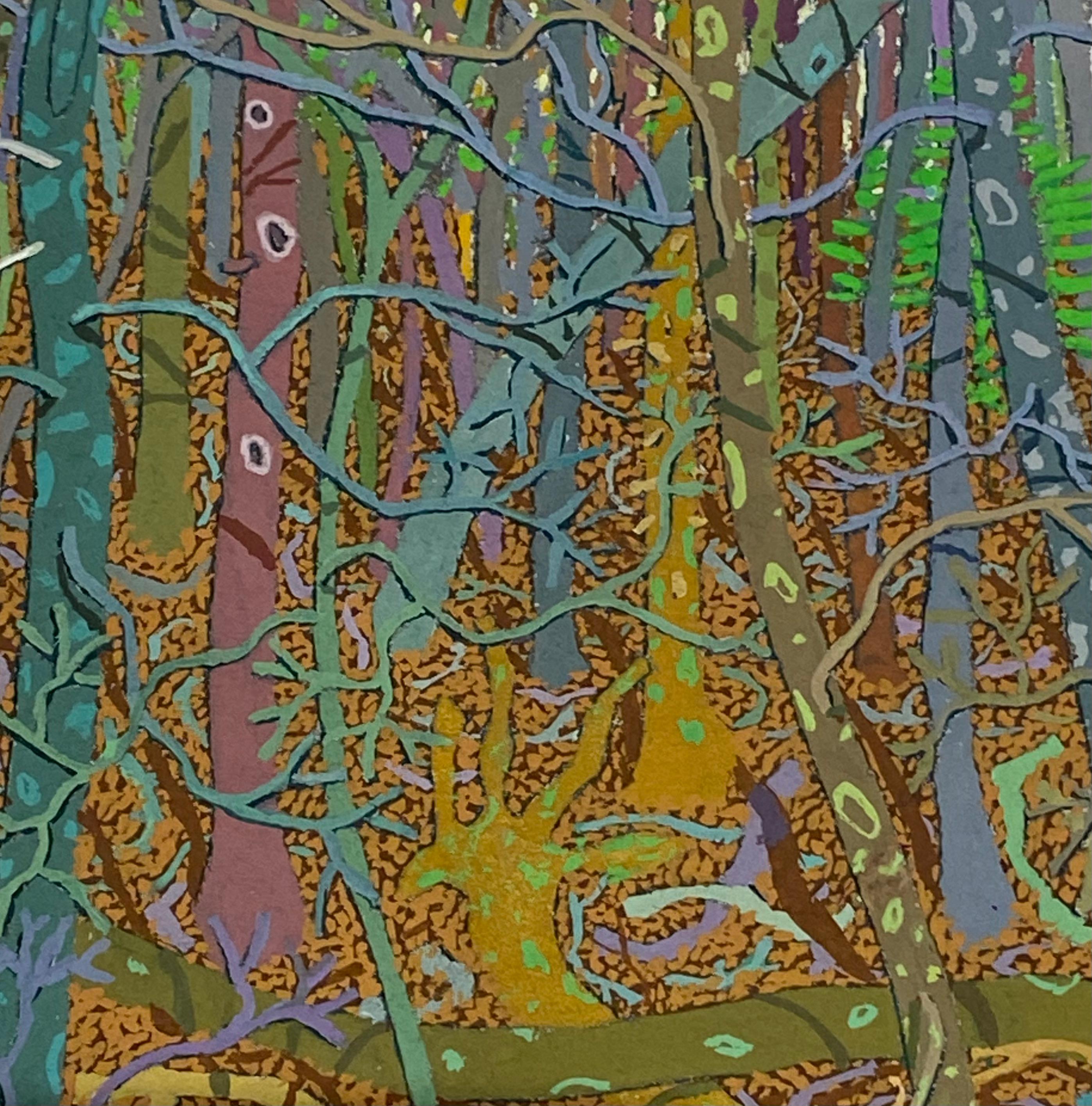 En este paisaje rico en detalles, el suelo del bosque está recubierto de árboles marrones de tonos tierra, ricos y cálidos. Los numerosos tonos de marrón se compensan con matices de verde luminoso y beige claro, aludiendo a la paz del bosque y a la