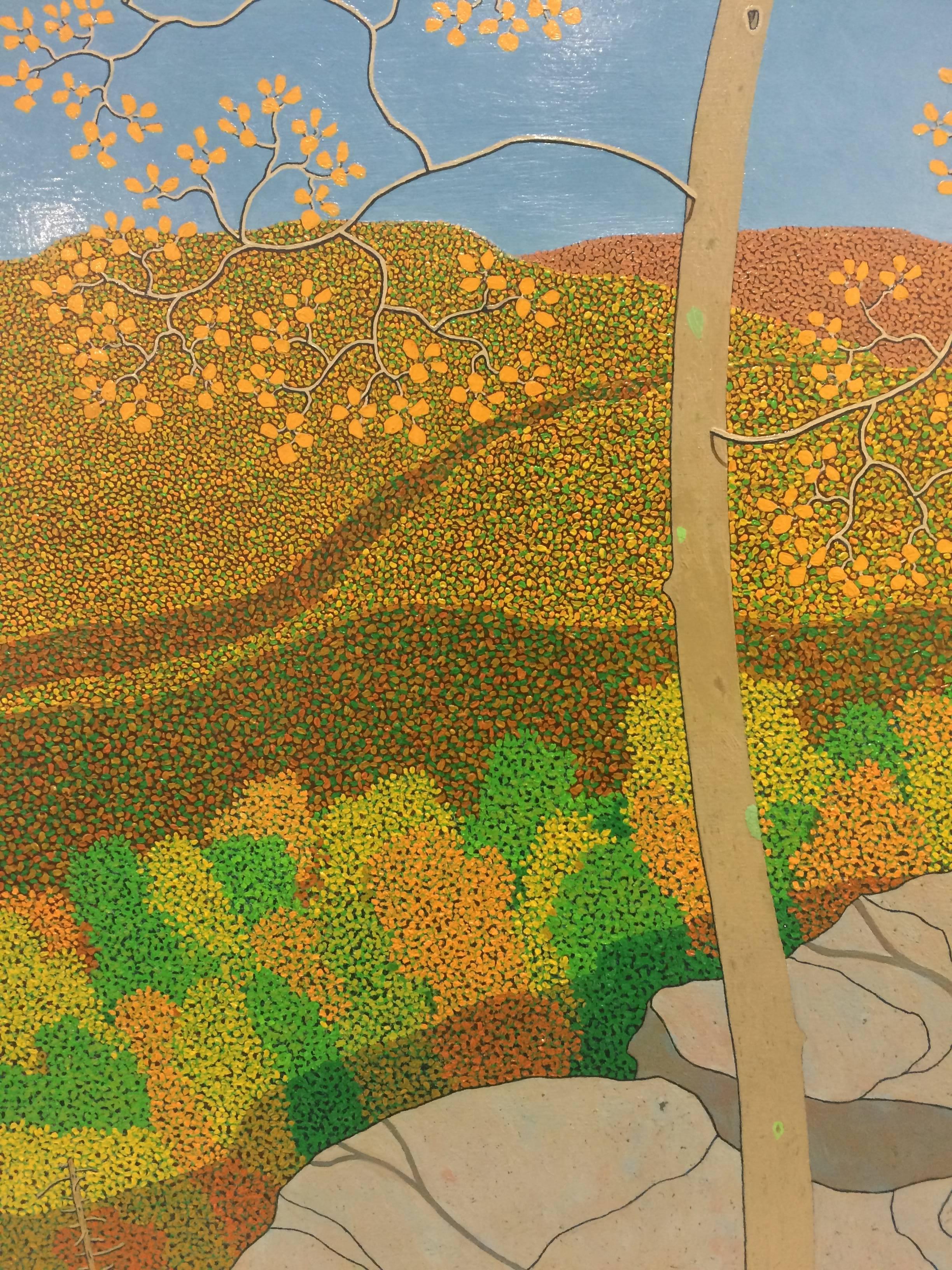 Overlook Oct. Wyatt Mt., Virginia Autumn Landscape, Blue Sky, Colorful Leaves - Gray Landscape Painting by Gregory Hennen