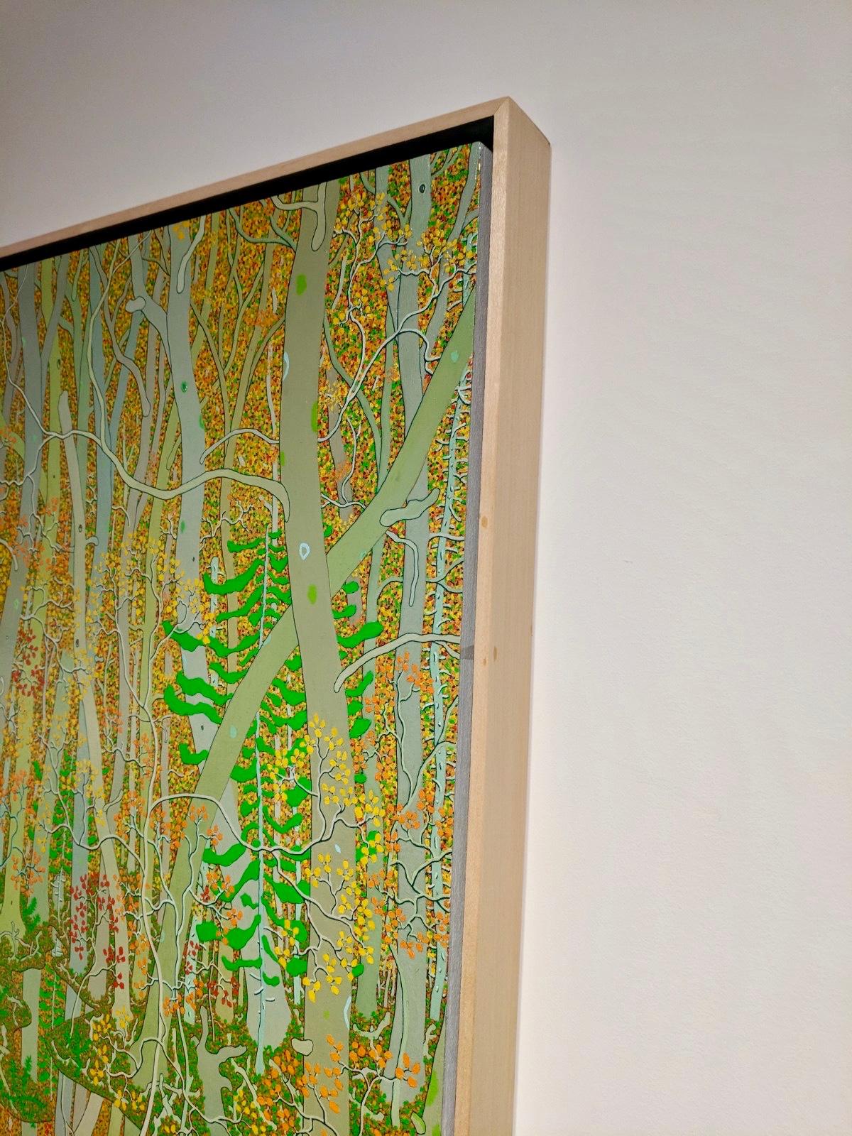 In this contemporary autumn landscape in oil on panel, the densely treed forest of Gregory Hennen's Virginia home are the subject for this rich, highly detailed landscape painting. Its many shades of green, orange, yellow autumn leaves and soft grey