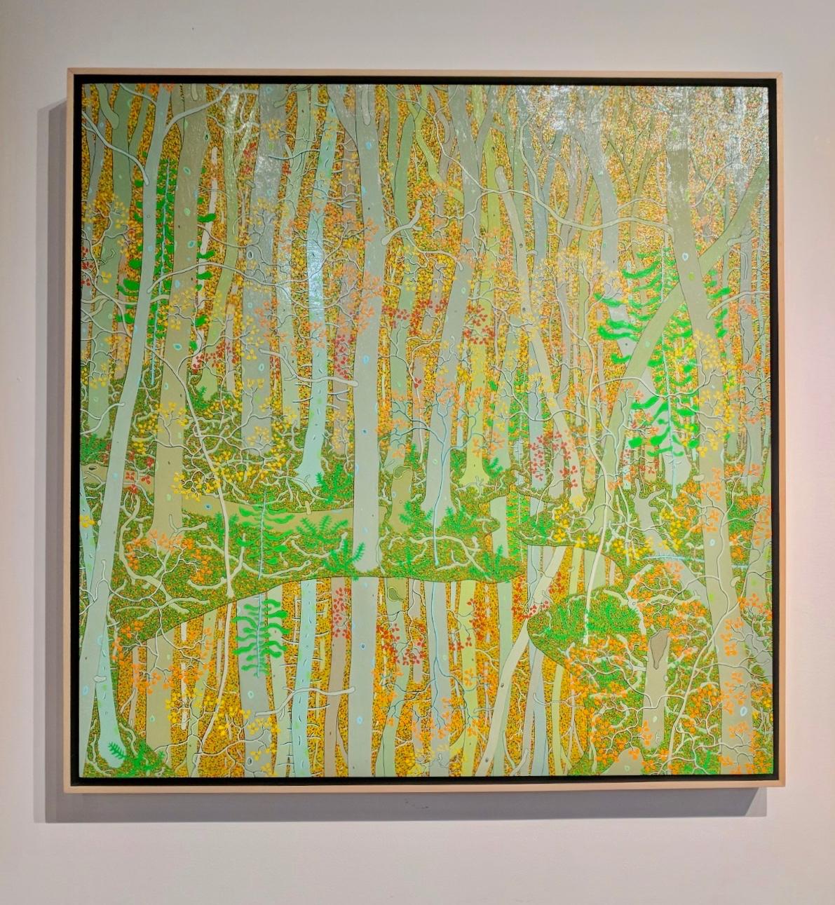Reflektionen am Eingangsbereich des Frühlings, Waldlandschaft, Beige, Orange, Grün – Painting von Gregory Hennen