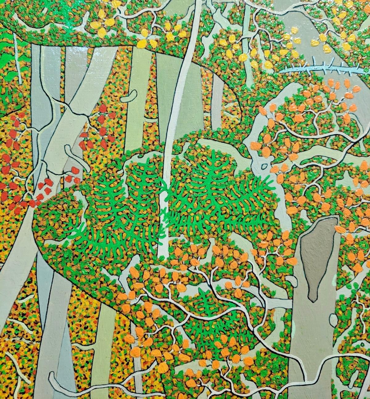 Reflektionen am Eingangsbereich des Frühlings, Waldlandschaft, Beige, Orange, Grün im Angebot 1