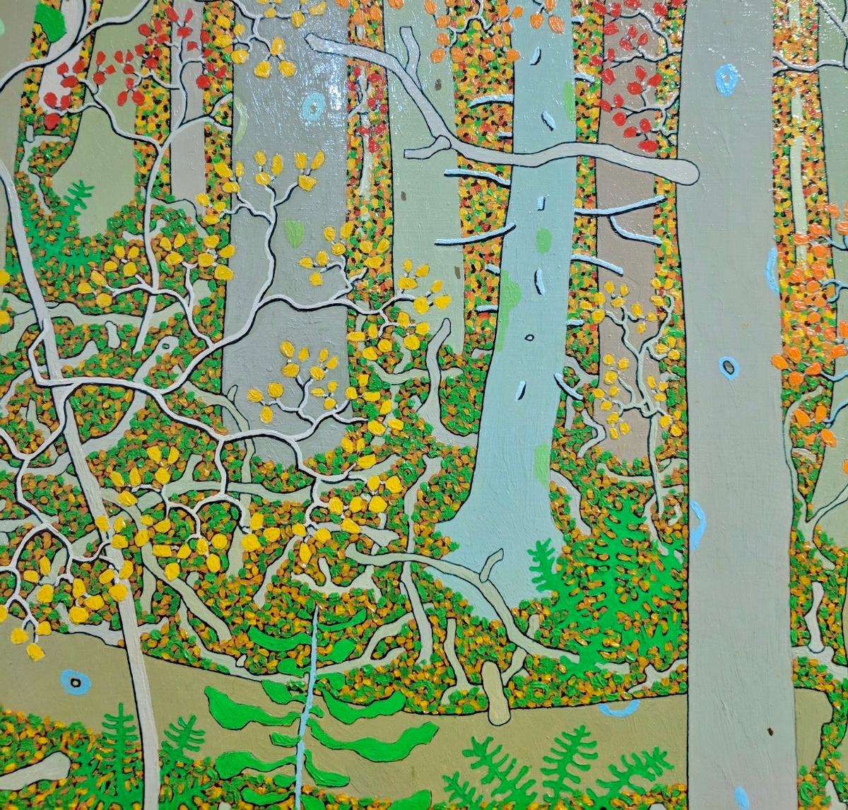 Reflections at the Spring's Entrance (Réflections à l'entrée du printemps), paysage forêt, beige, orange, vert en vente 2